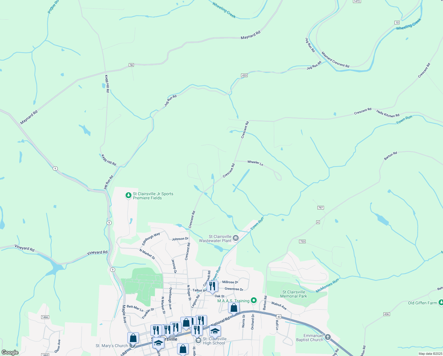 map of restaurants, bars, coffee shops, grocery stores, and more near 69745 Saint Clairsville-Crescent Road in Saint Clairsville