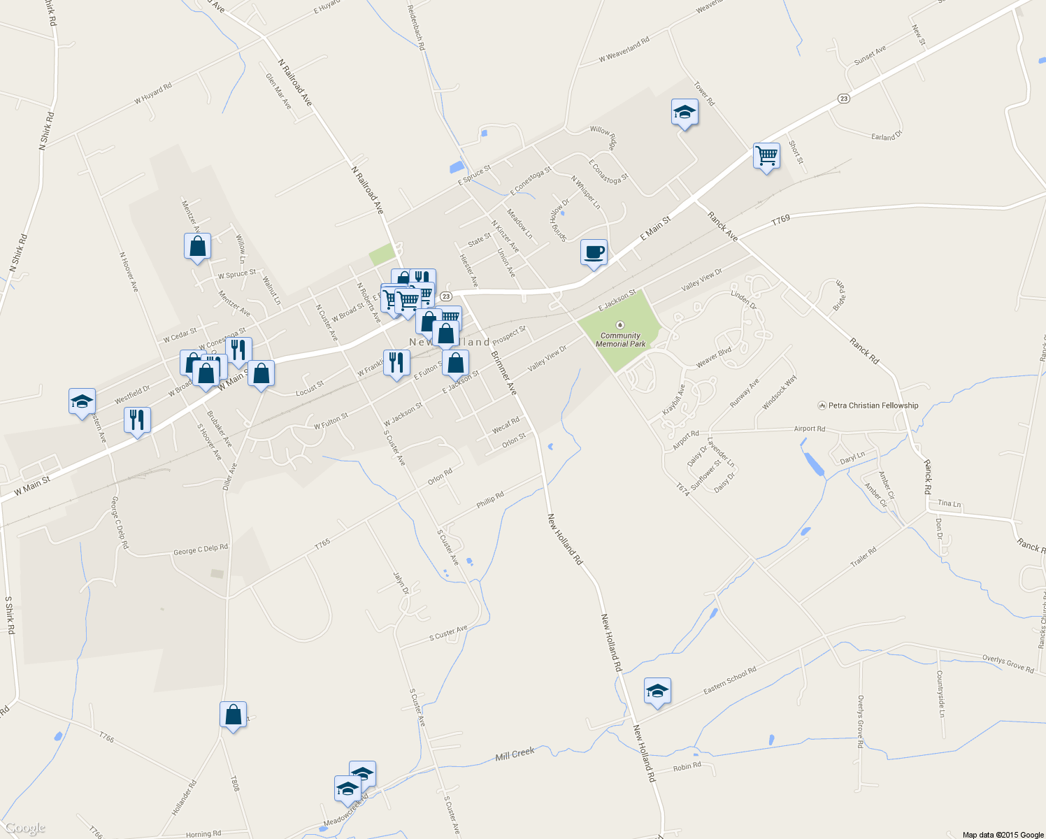 map of restaurants, bars, coffee shops, grocery stores, and more near 430 Brimmer Avenue in New Holland