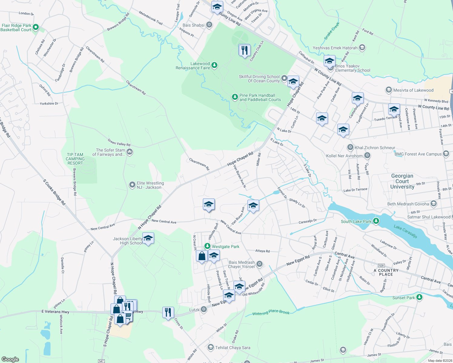 map of restaurants, bars, coffee shops, grocery stores, and more near 50 Buchanan Street in Lakewood Township