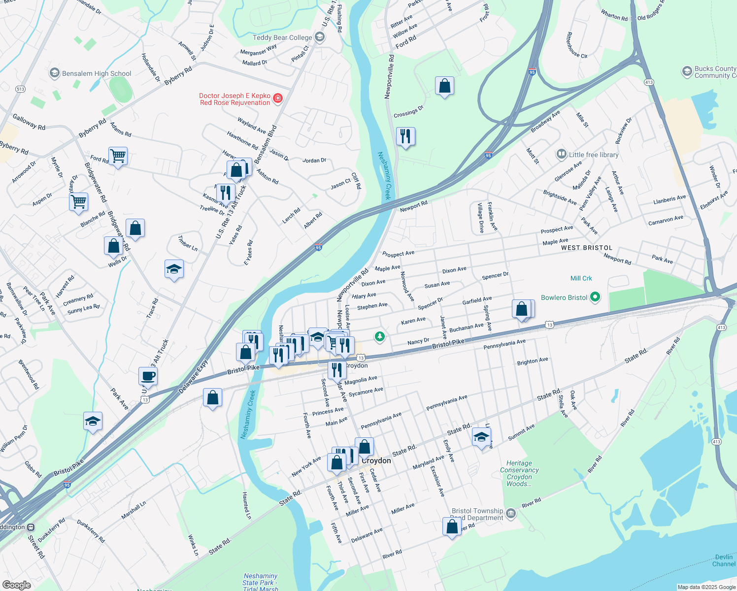 map of restaurants, bars, coffee shops, grocery stores, and more near 916 Hilary Avenue in Croydon