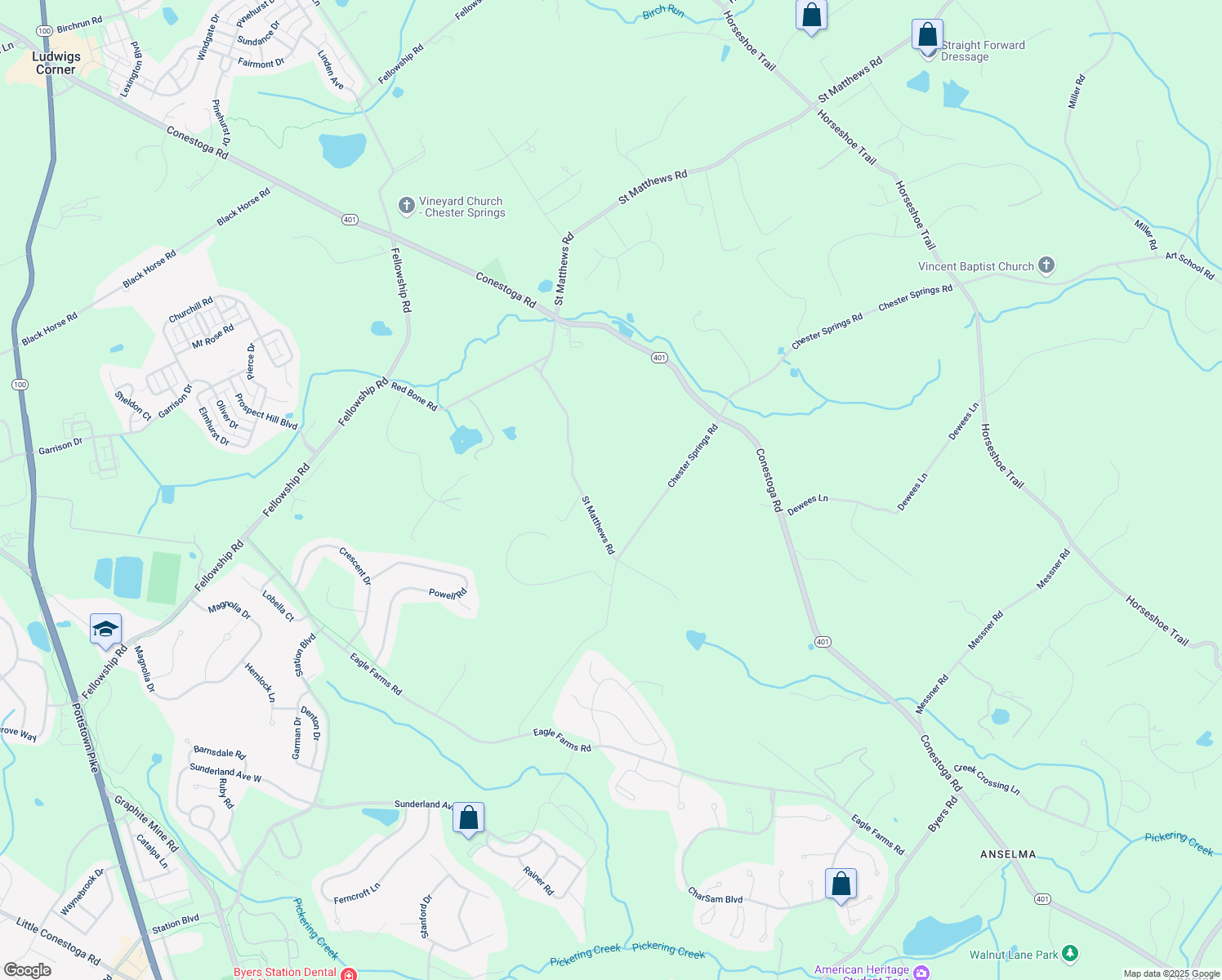 map of restaurants, bars, coffee shops, grocery stores, and more near 550 Saint Matthews Road in Chester Springs
