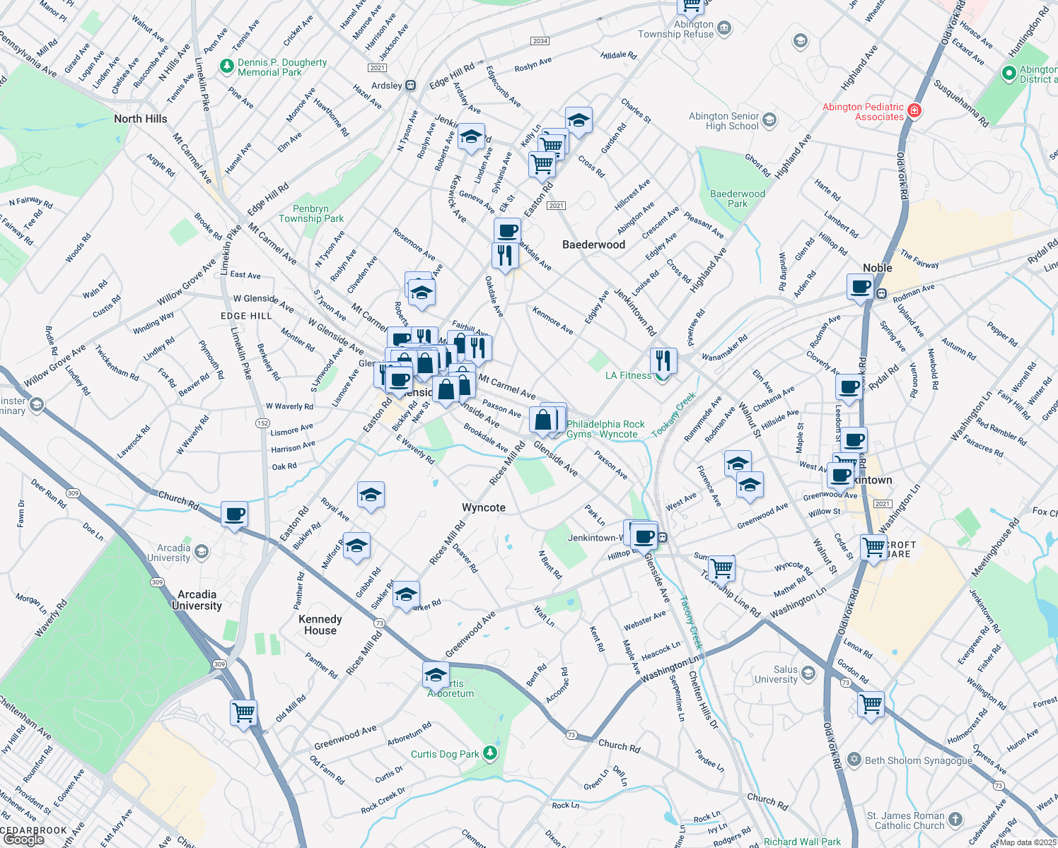 map of restaurants, bars, coffee shops, grocery stores, and more near 408 Paxson Avenue in Glenside
