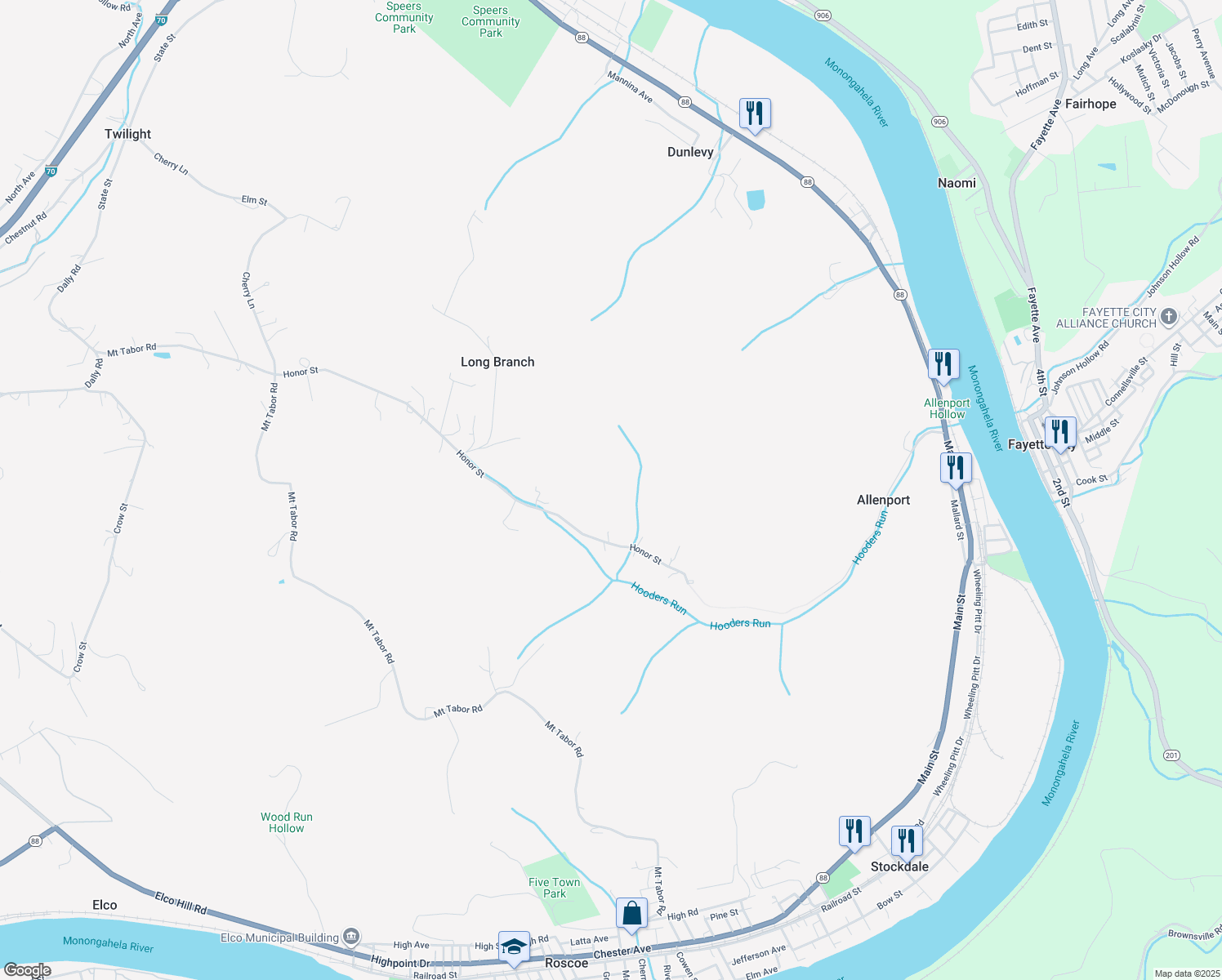 map of restaurants, bars, coffee shops, grocery stores, and more near in Coal Center