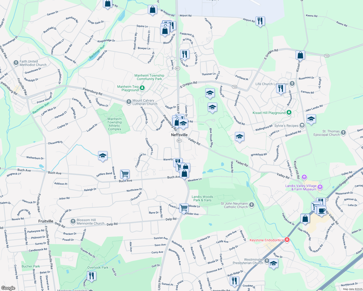 map of restaurants, bars, coffee shops, grocery stores, and more near 2639 Lititz Pike in Lancaster