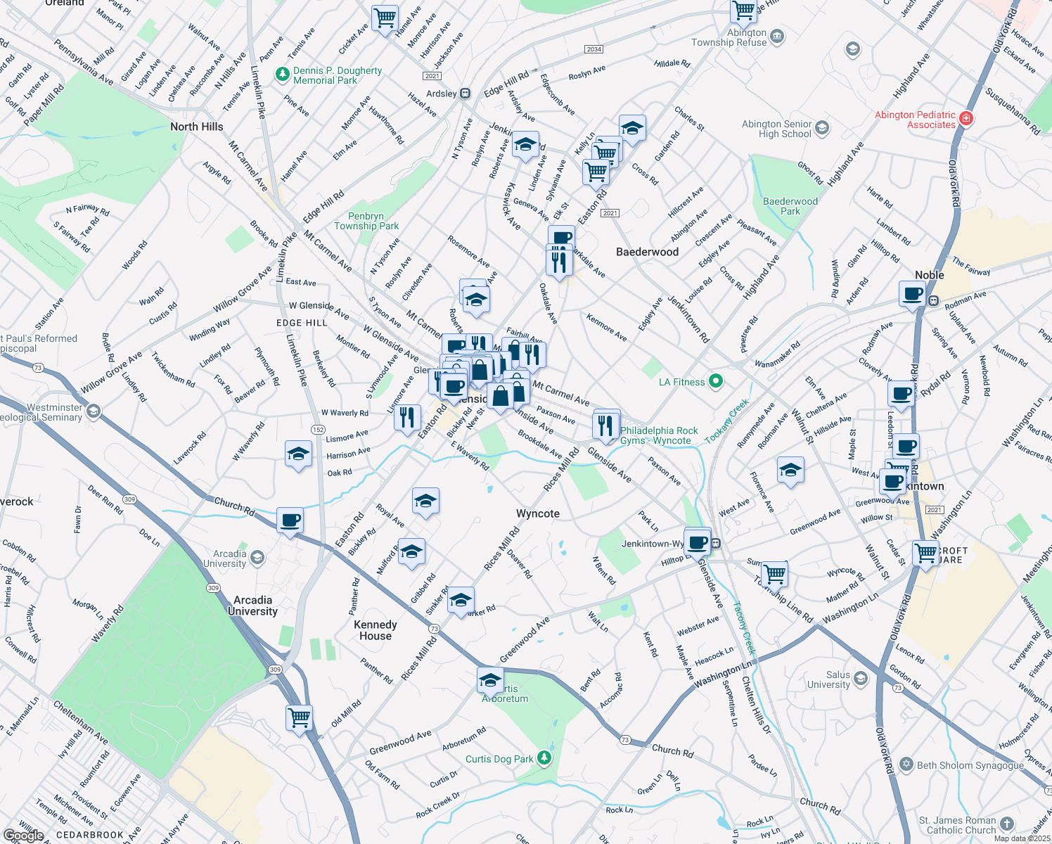 map of restaurants, bars, coffee shops, grocery stores, and more near 220 East Glenside Avenue in Glenside