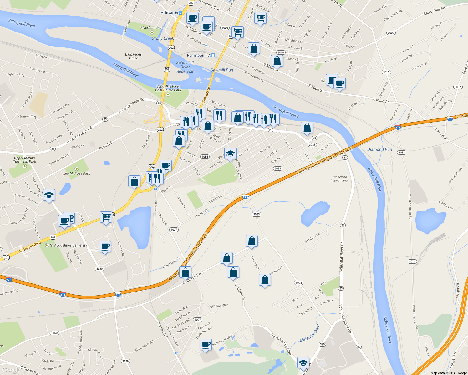 map of restaurants, bars, coffee shops, grocery stores, and more near 634 Coates Lane in King of Prussia
