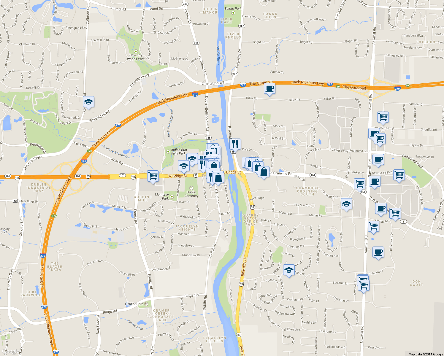 map of restaurants, bars, coffee shops, grocery stores, and more near 37 South Riverview Street in Dublin