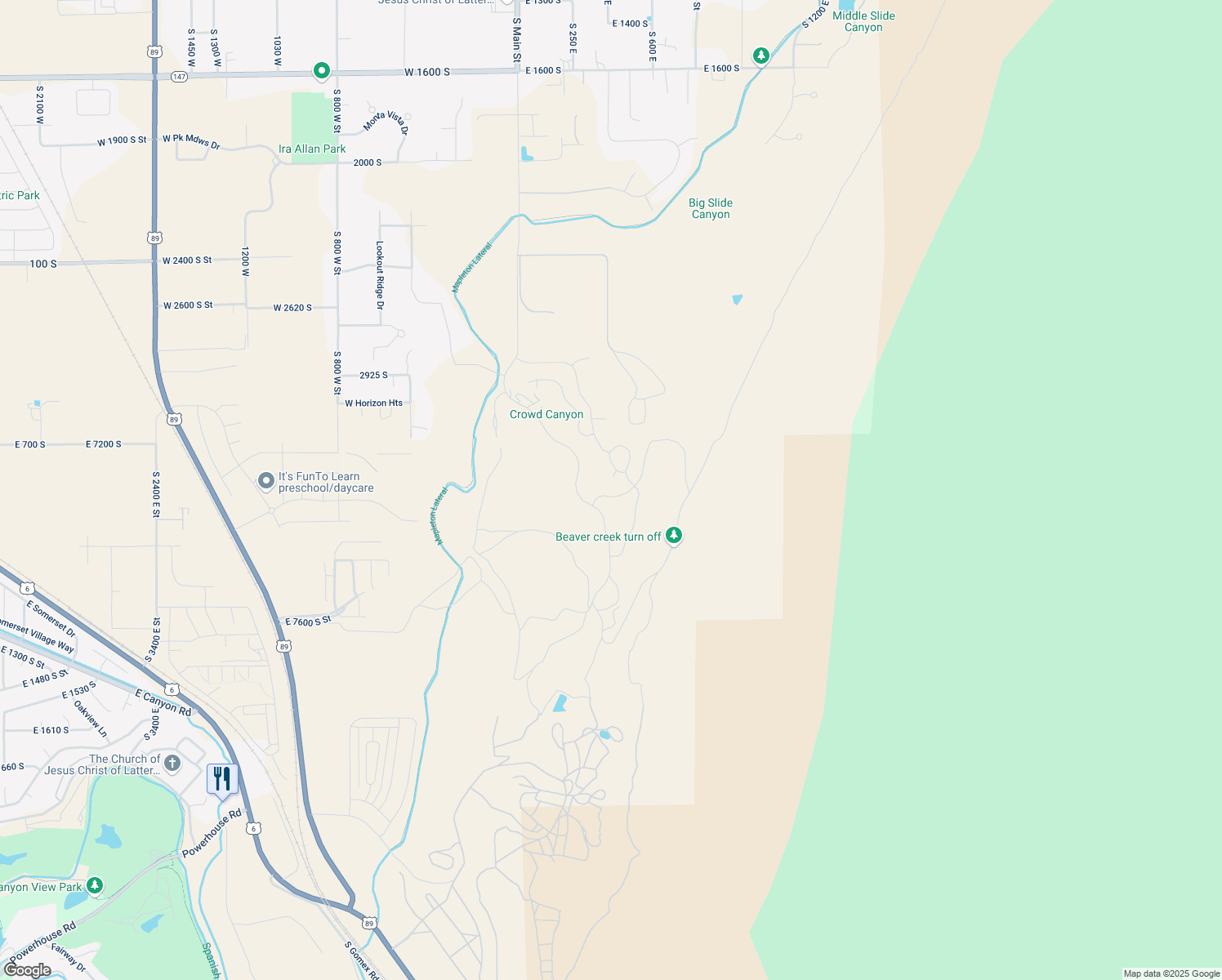 map of restaurants, bars, coffee shops, grocery stores, and more near 263 East Maple Ridge Drive in Springville