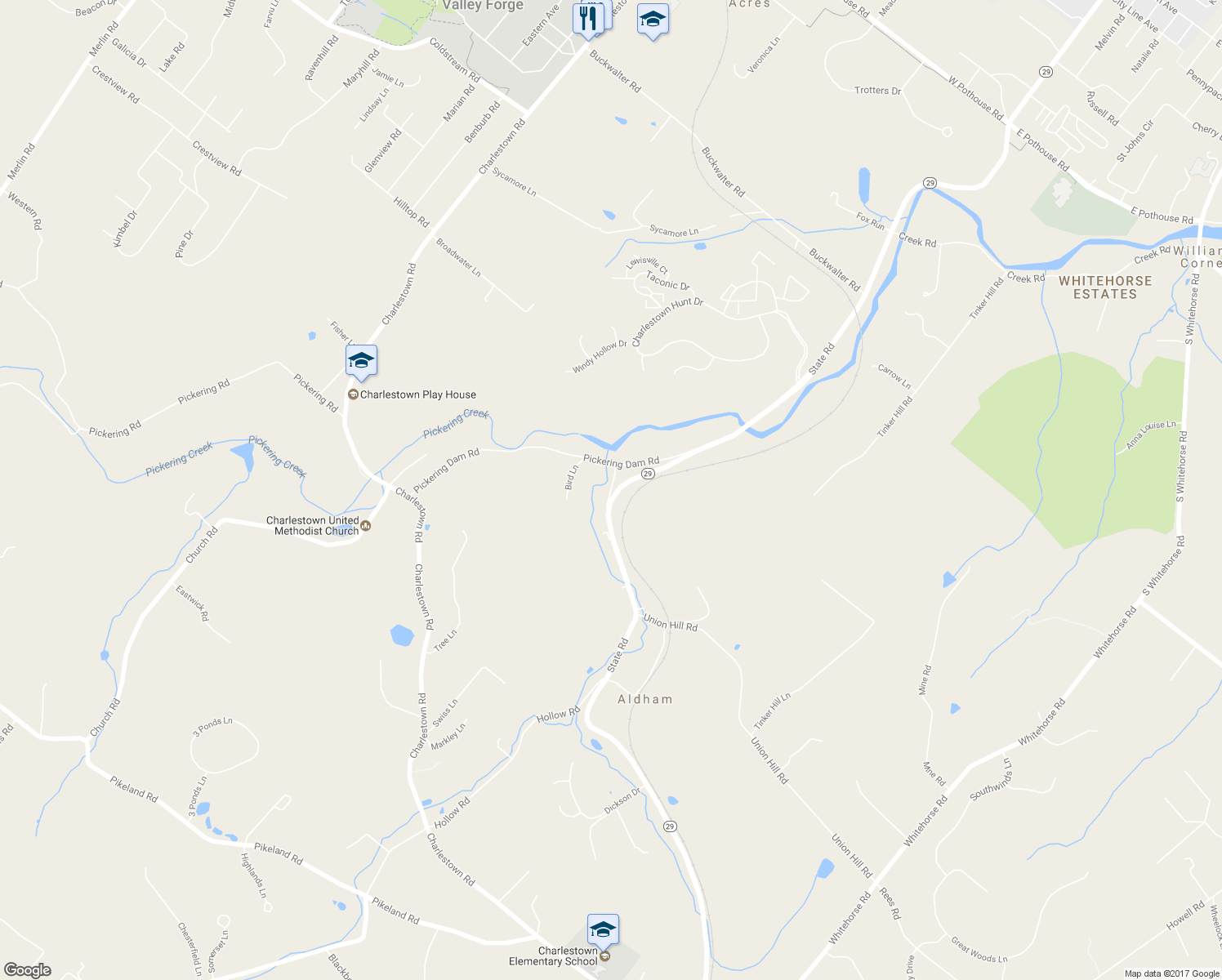 map of restaurants, bars, coffee shops, grocery stores, and more near Peaks Pike Road in Malvern