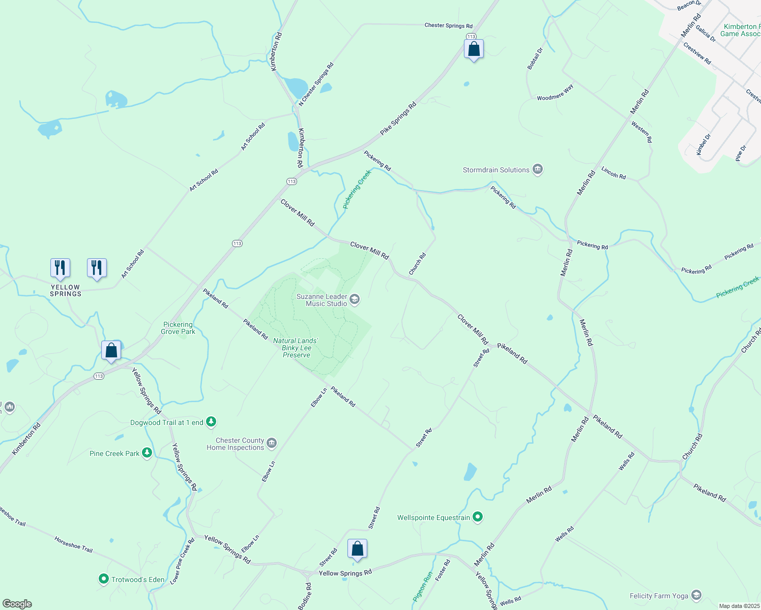 map of restaurants, bars, coffee shops, grocery stores, and more near 1624 Oak Hill Road in Chester Springs