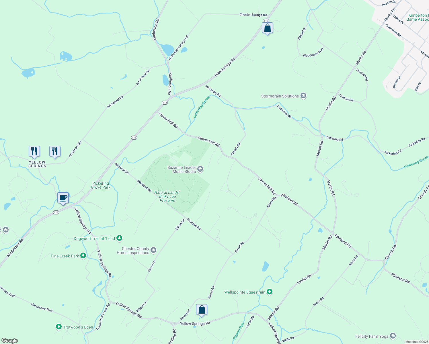 map of restaurants, bars, coffee shops, grocery stores, and more near 1624 Oak Hill Road in Chester Springs