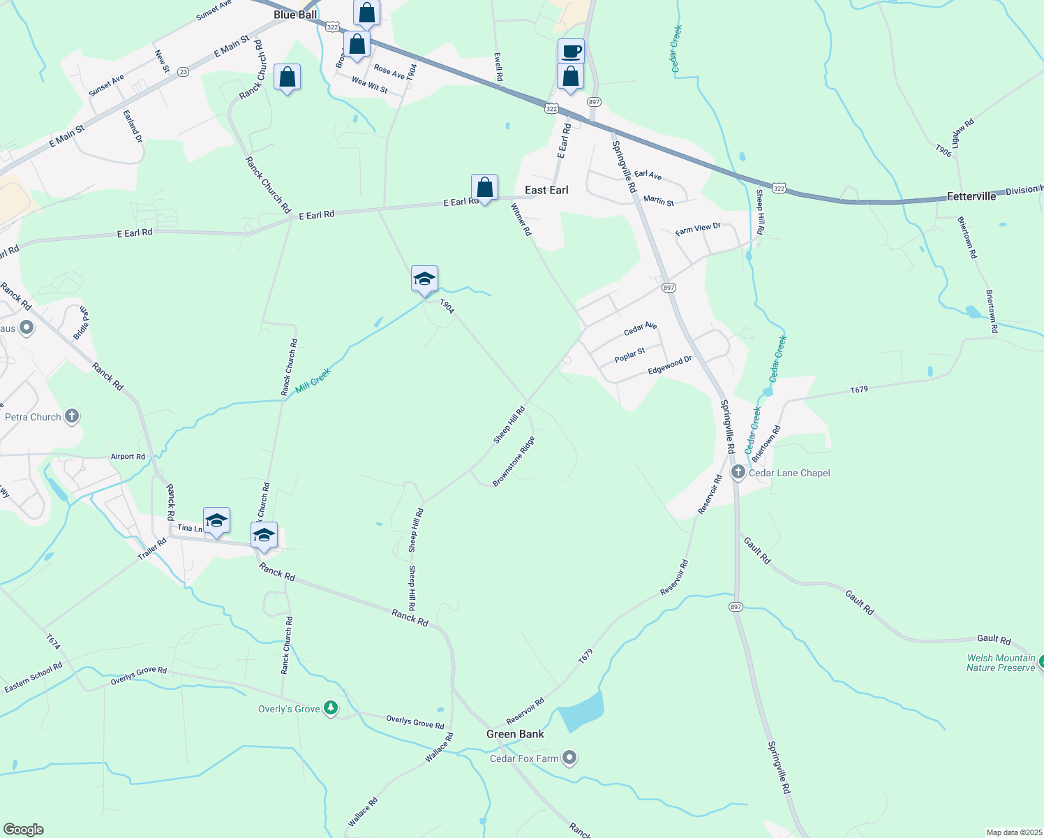 map of restaurants, bars, coffee shops, grocery stores, and more near 1180 Sheep Hill Road in New Holland