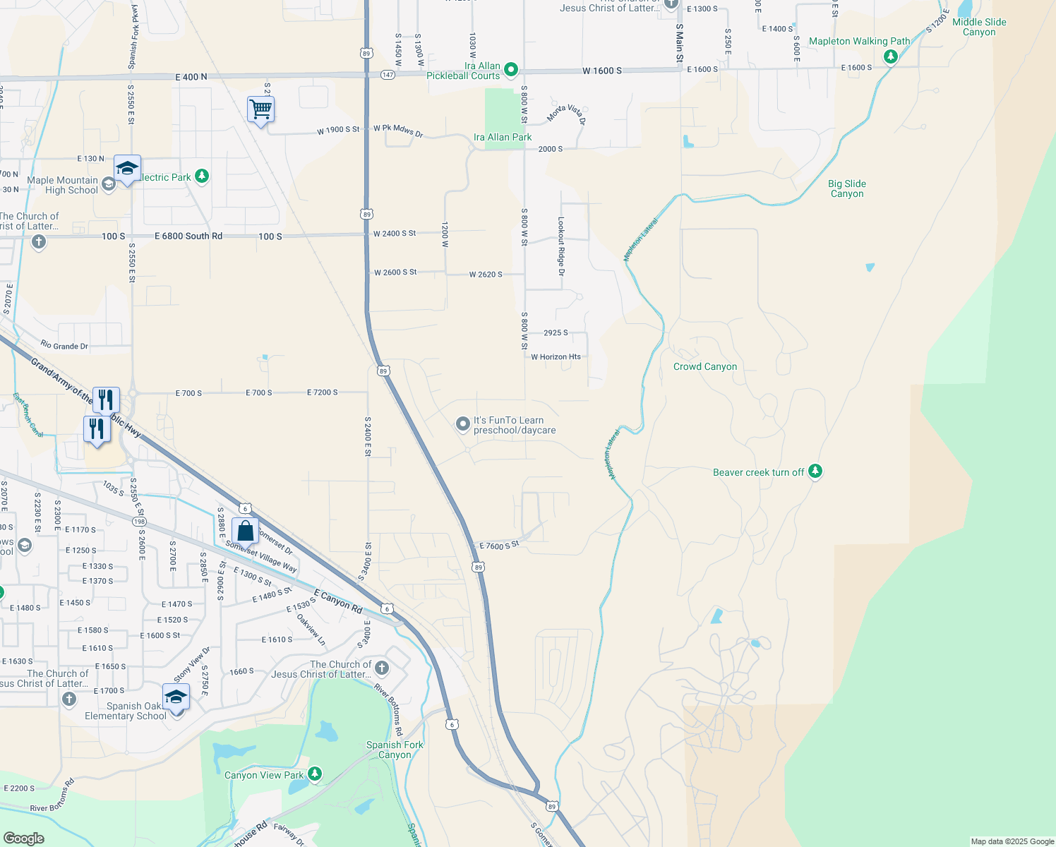 map of restaurants, bars, coffee shops, grocery stores, and more near 801 West Rock Ridge Drive in Springville