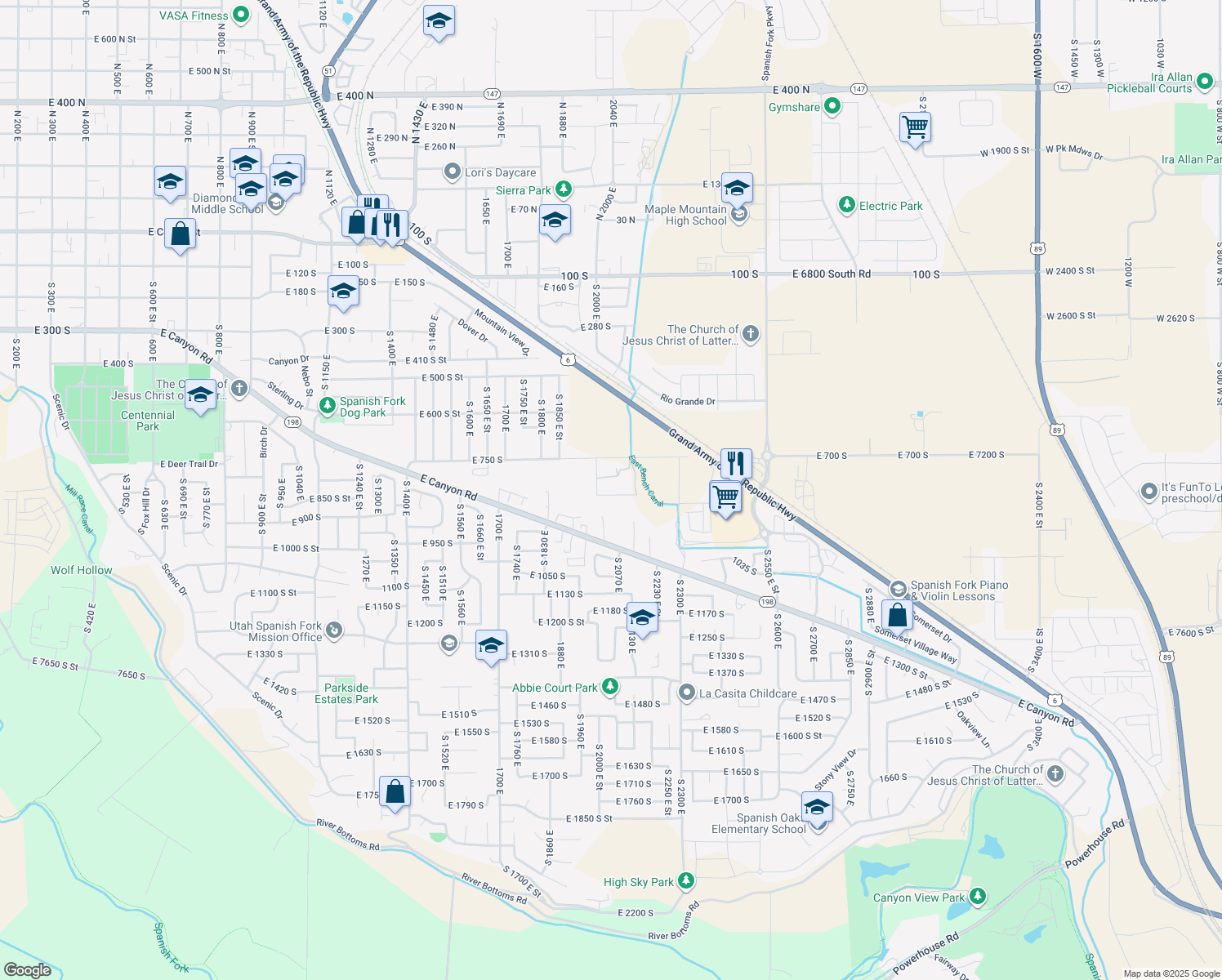 map of restaurants, bars, coffee shops, grocery stores, and more near 2037 East 800 South in Spanish Fork