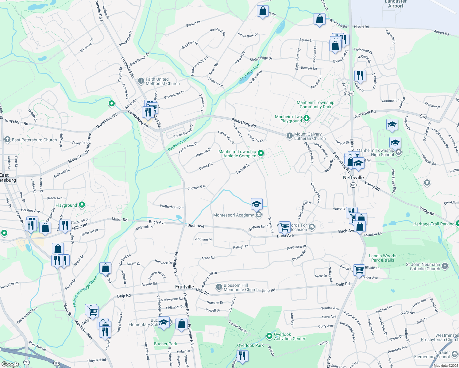map of restaurants, bars, coffee shops, grocery stores, and more near 2461 Raleigh Dr in Lancaster