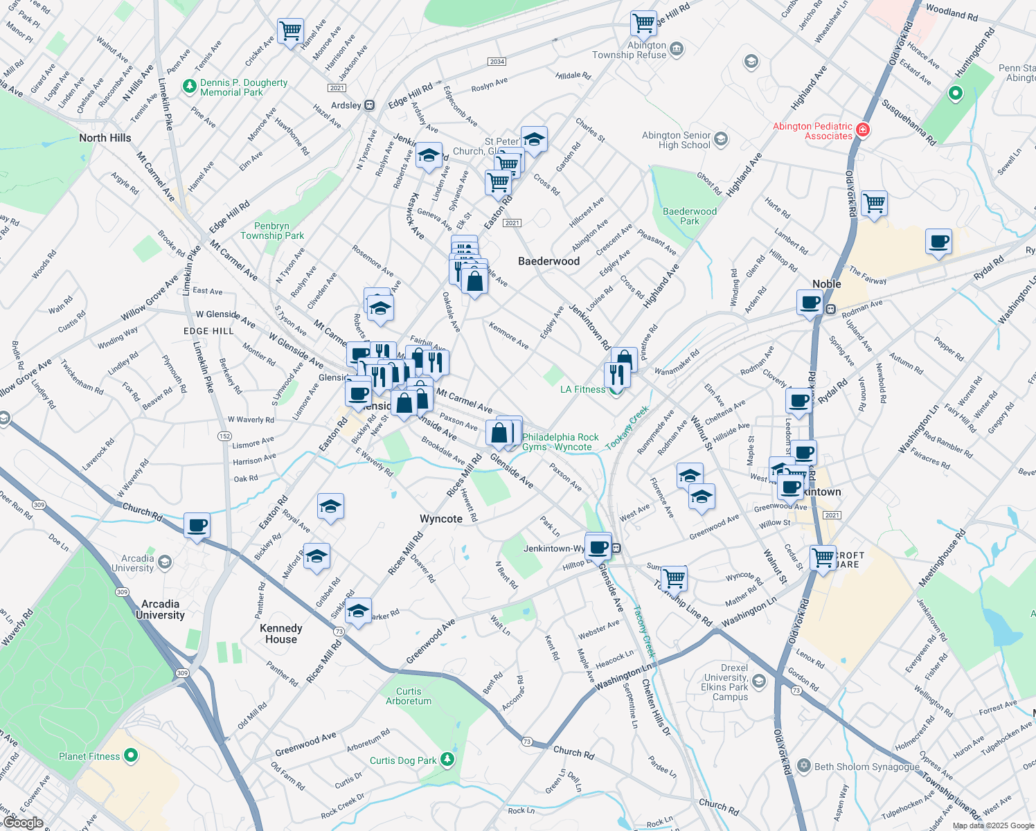 map of restaurants, bars, coffee shops, grocery stores, and more near 2037 Mount Carmel Avenue in Glenside