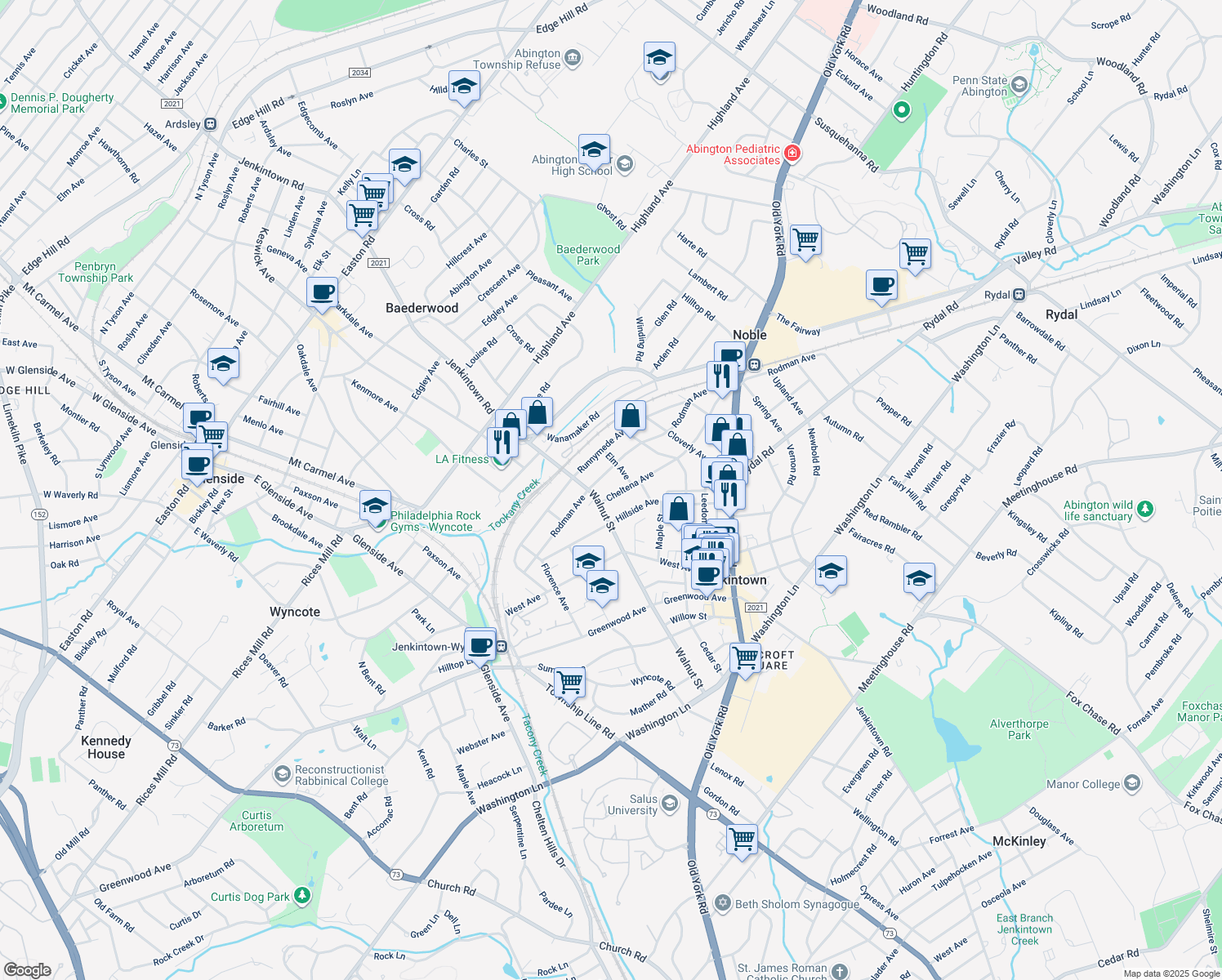 map of restaurants, bars, coffee shops, grocery stores, and more near 405 Cheltena Avenue in Jenkintown