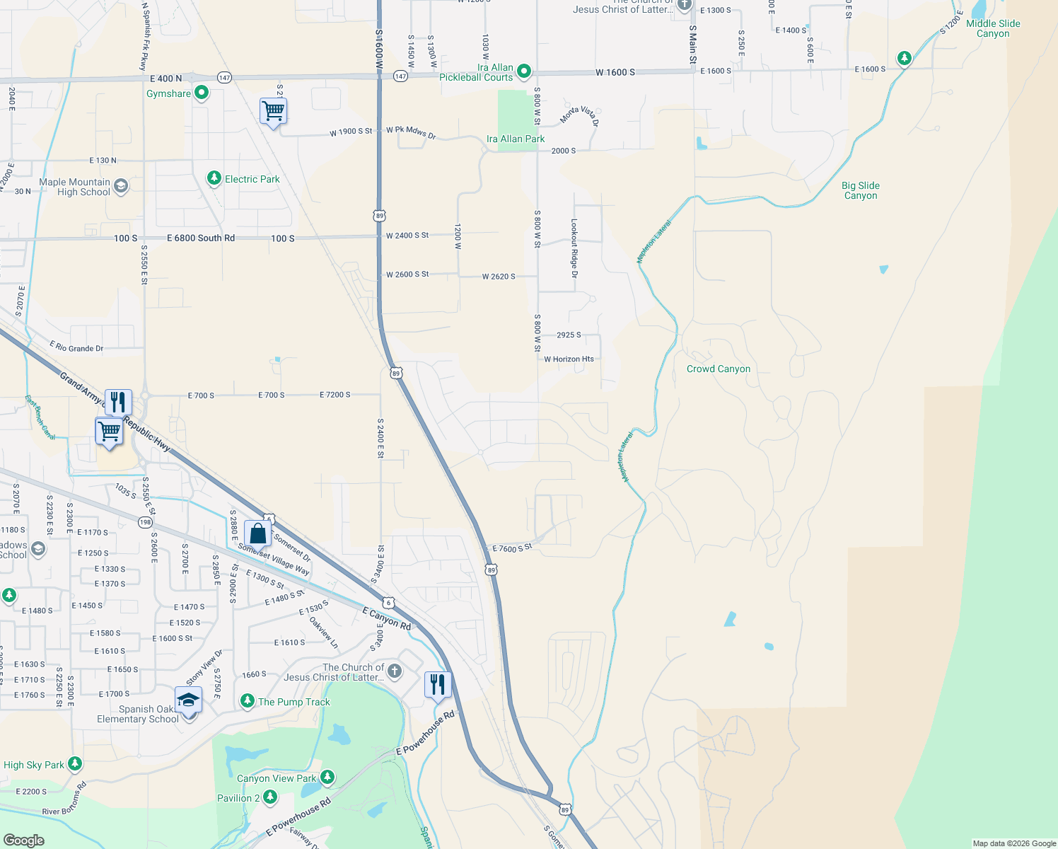map of restaurants, bars, coffee shops, grocery stores, and more near 831 West Rock Ridge Drive in Mapleton