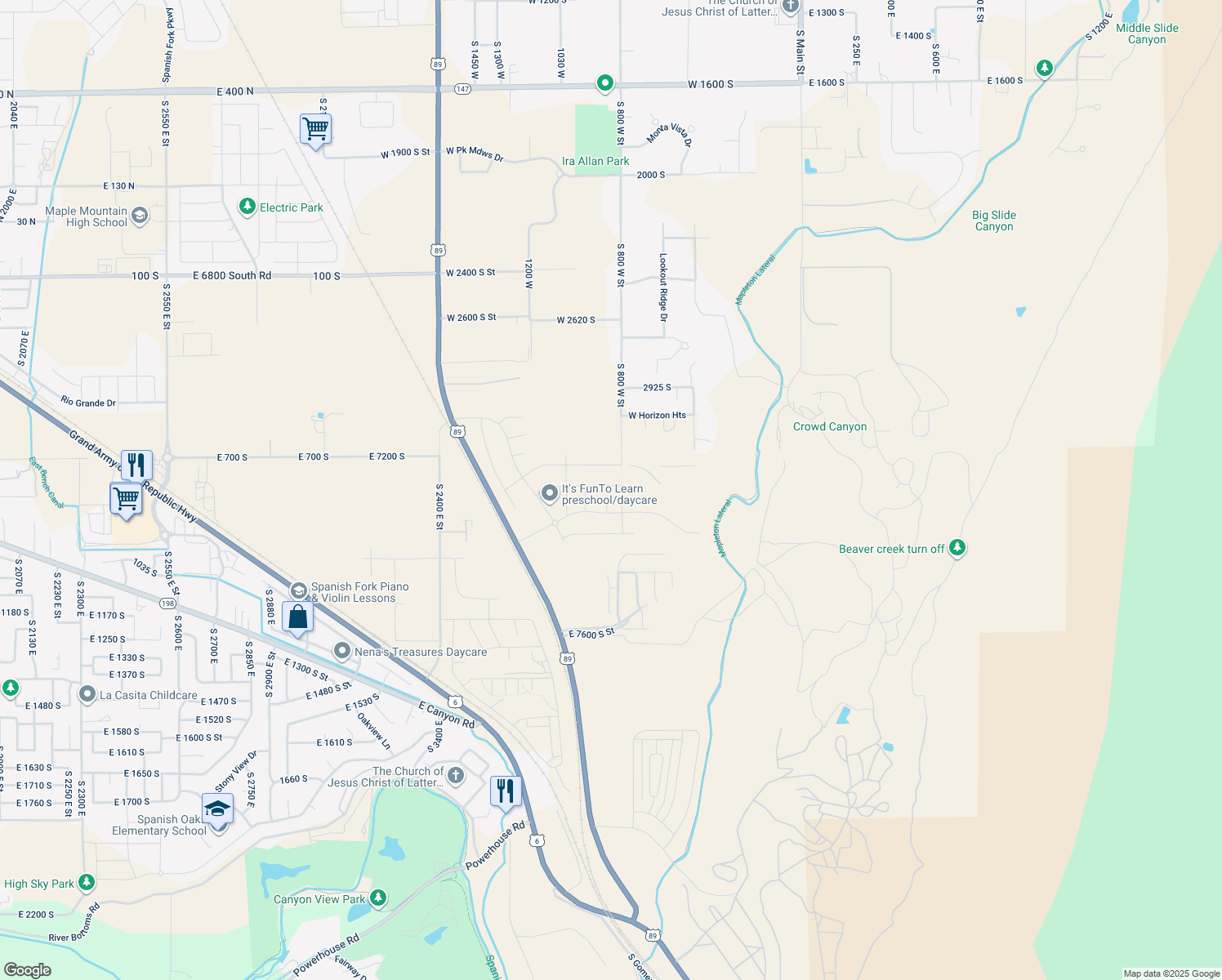 map of restaurants, bars, coffee shops, grocery stores, and more near 831 West Rock Ridge Drive in Mapleton