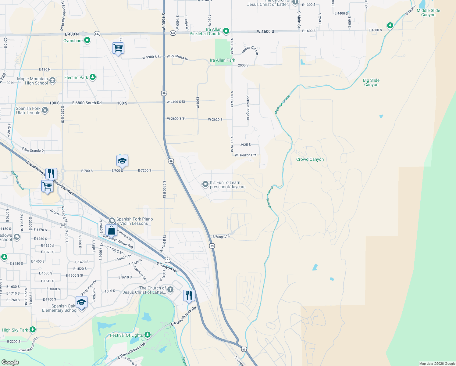 map of restaurants, bars, coffee shops, grocery stores, and more near South 2800 East in Mapleton