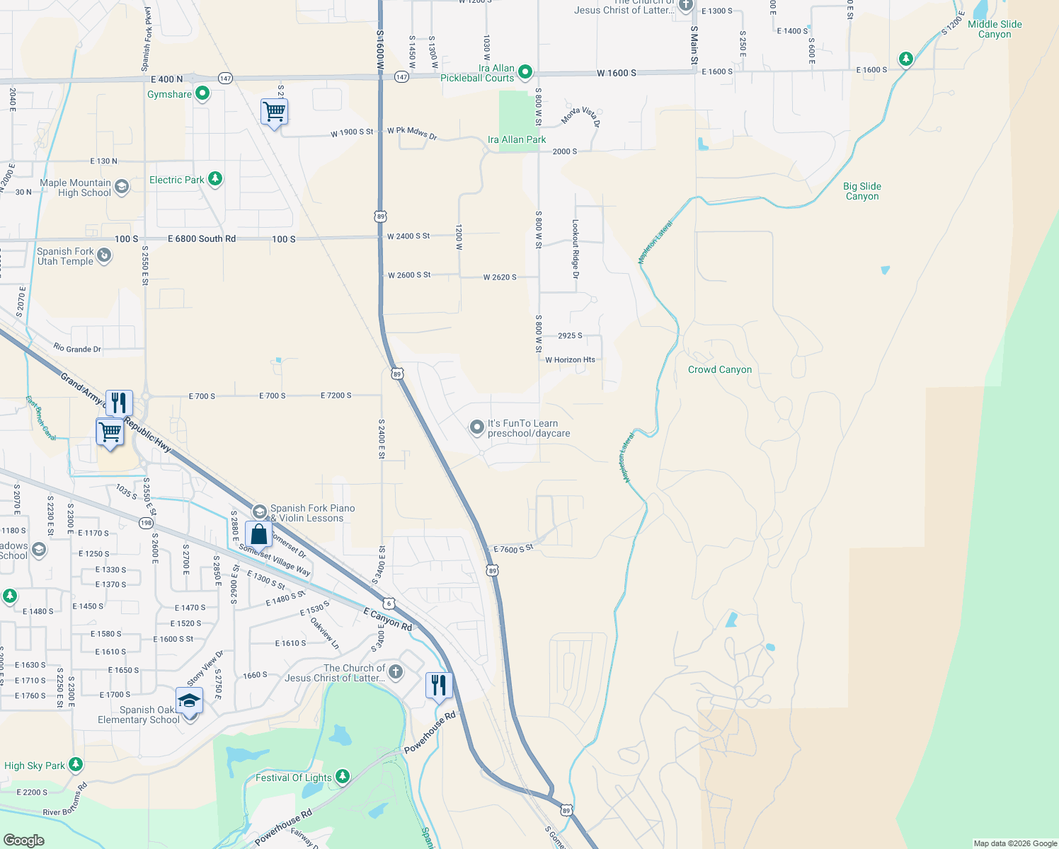 map of restaurants, bars, coffee shops, grocery stores, and more near 831 West Rock Ridge Drive in Mapleton