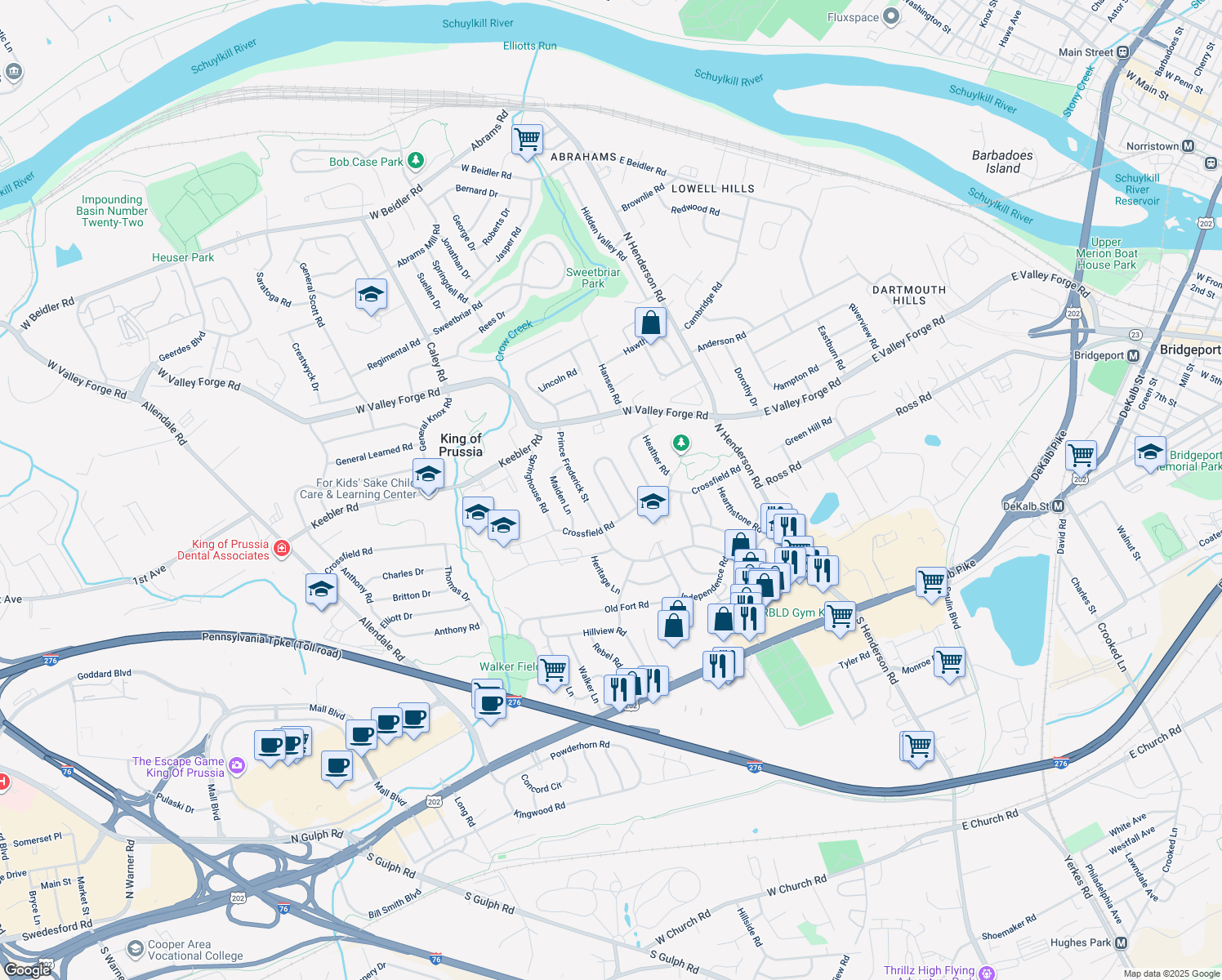 map of restaurants, bars, coffee shops, grocery stores, and more near 361 West Signal Hill Road in King of Prussia