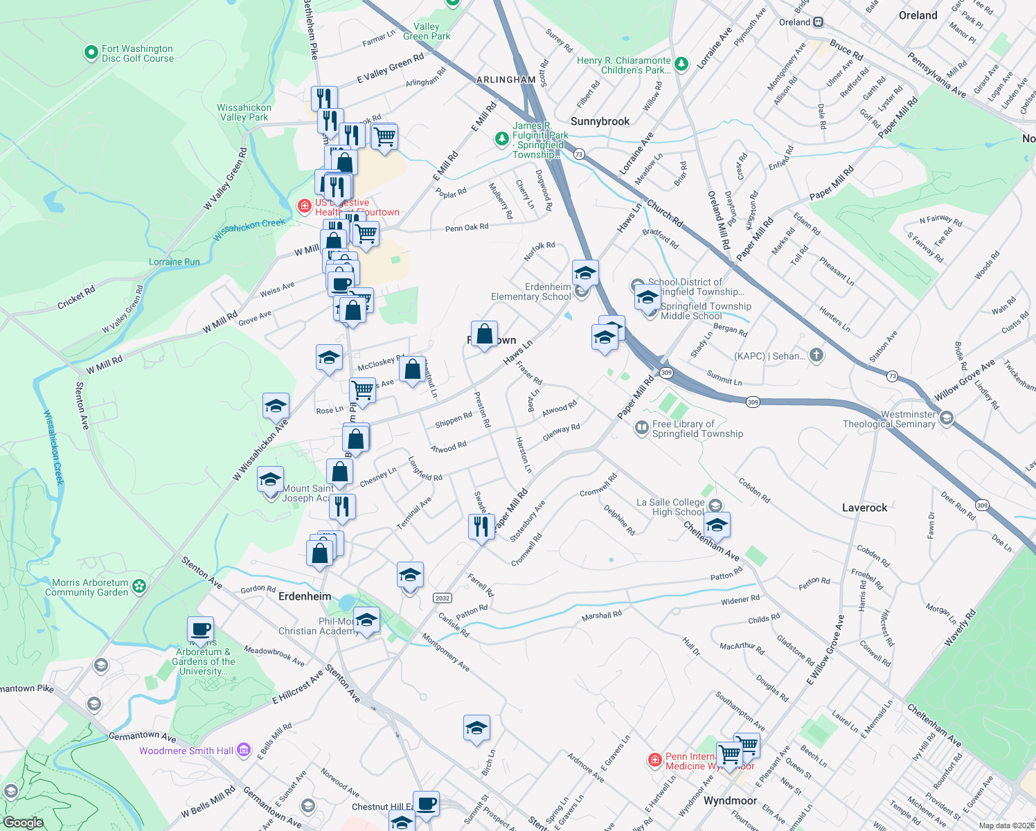 map of restaurants, bars, coffee shops, grocery stores, and more near 902 Harston Lane in Erdenheim