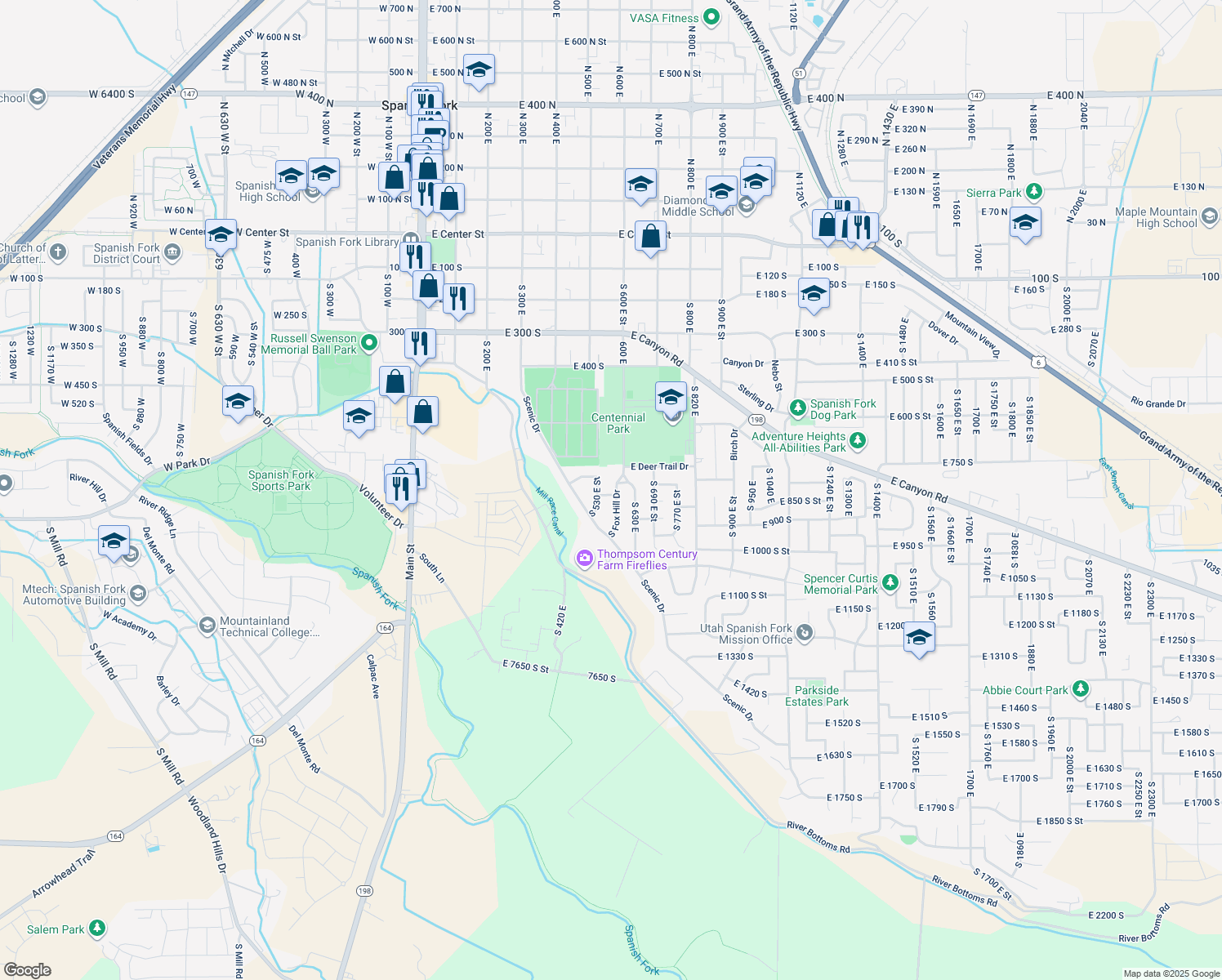 map of restaurants, bars, coffee shops, grocery stores, and more near 563 East Meadow Lark Lane in Spanish Fork