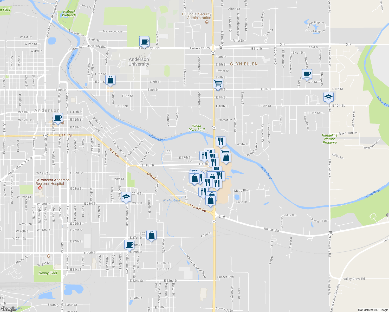 map of restaurants, bars, coffee shops, grocery stores, and more near 1730 East 17th Street in Anderson