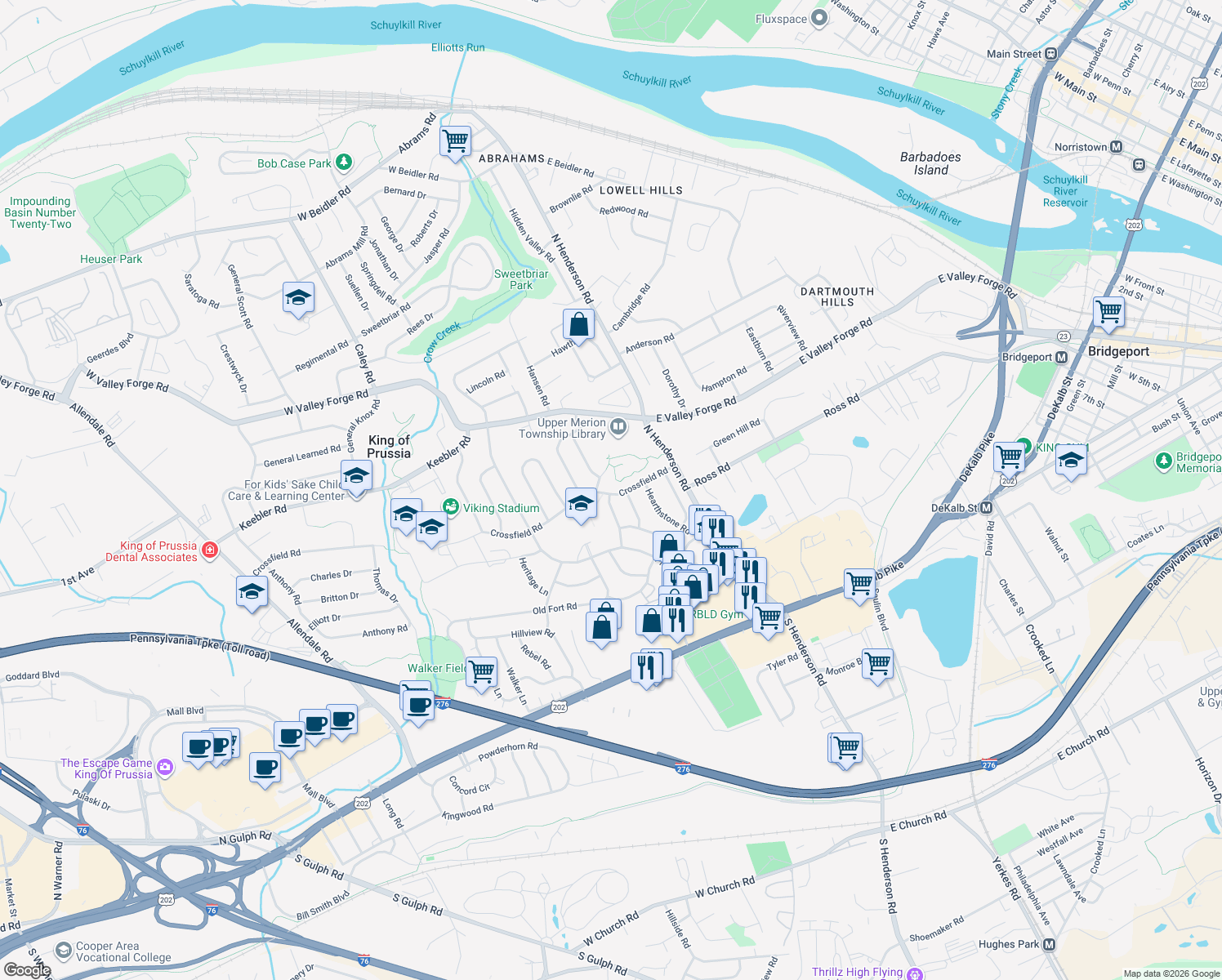 map of restaurants, bars, coffee shops, grocery stores, and more near 206 Crossfield Road in King of Prussia