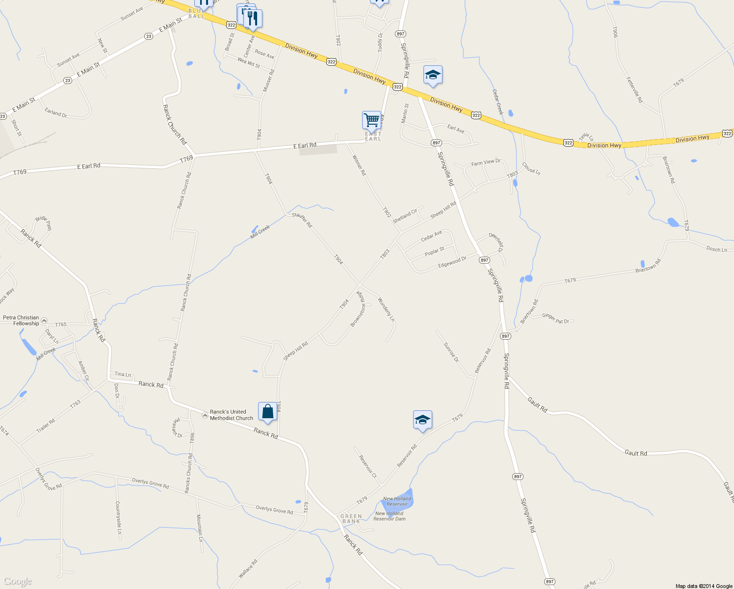 map of restaurants, bars, coffee shops, grocery stores, and more near 1178 Brownstone Ridge in New Holland