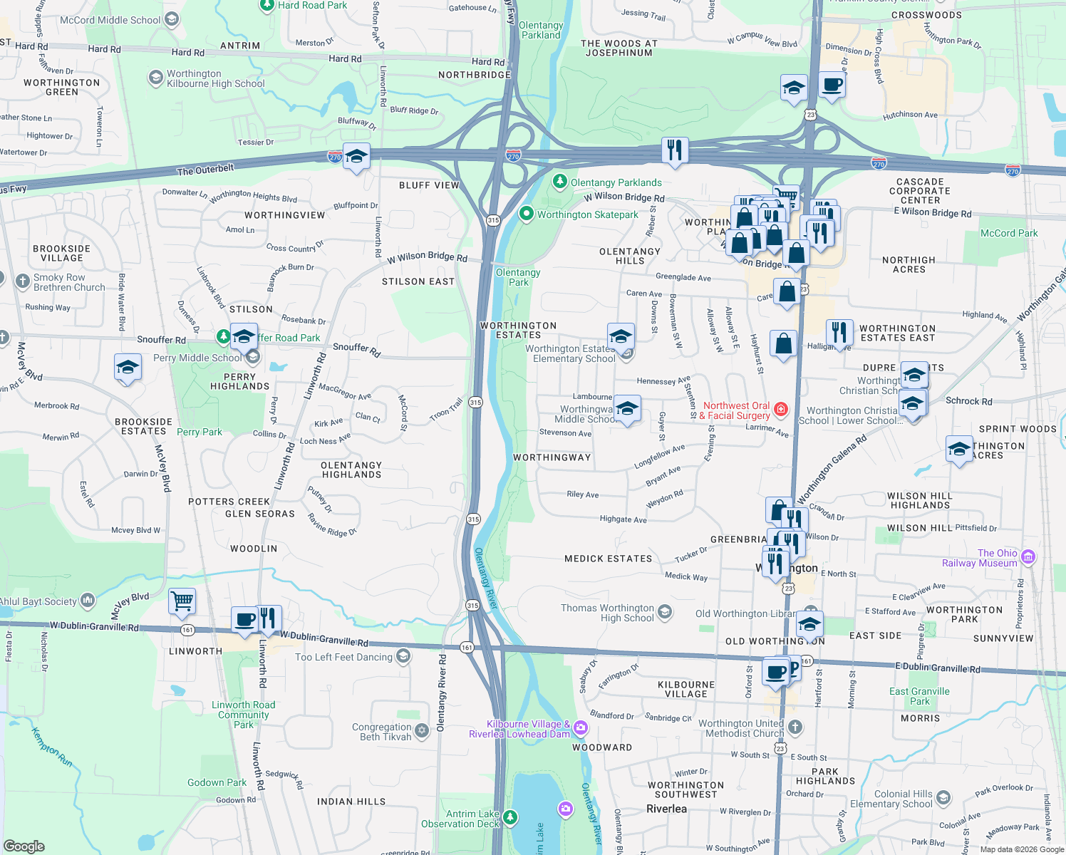 map of restaurants, bars, coffee shops, grocery stores, and more near 6605 Masefield St in Worthington