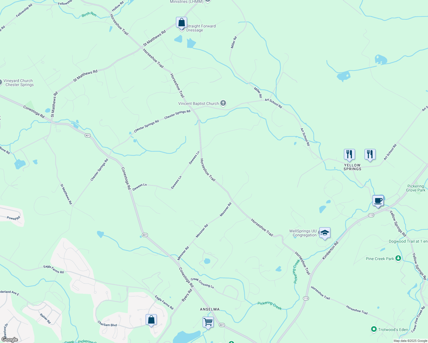 map of restaurants, bars, coffee shops, grocery stores, and more near 1935 Parkerhill Lane in Chester Springs