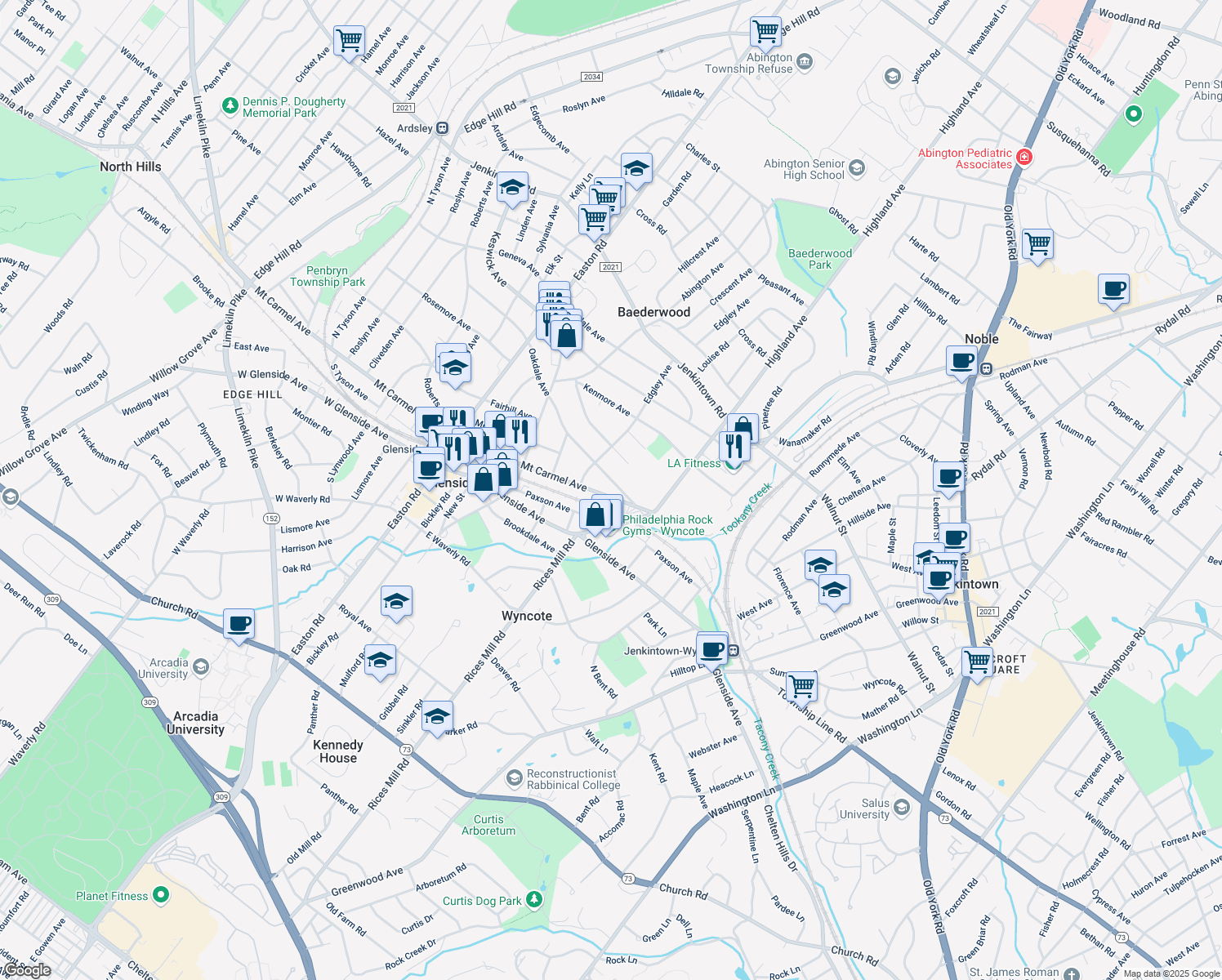 map of restaurants, bars, coffee shops, grocery stores, and more near 2047 Mount Carmel Avenue in Glenside