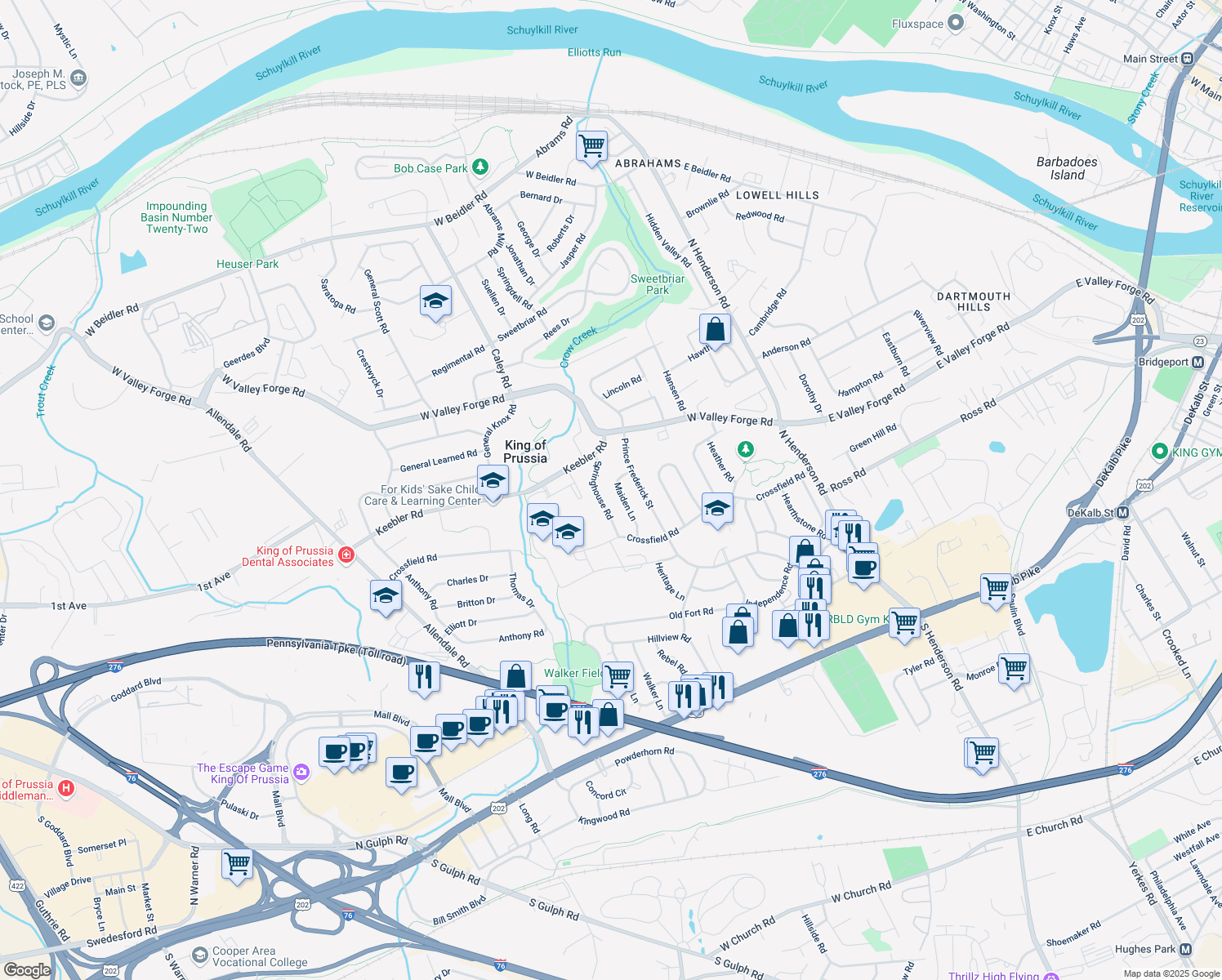 map of restaurants, bars, coffee shops, grocery stores, and more near 410 Maiden Ln in King of Prussia