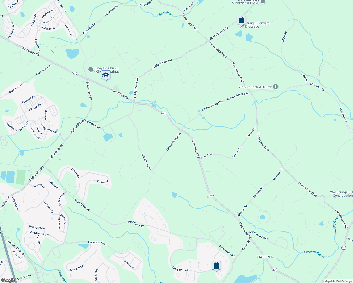 map of restaurants, bars, coffee shops, grocery stores, and more near 2440 Chester Springs Road in Chester Springs