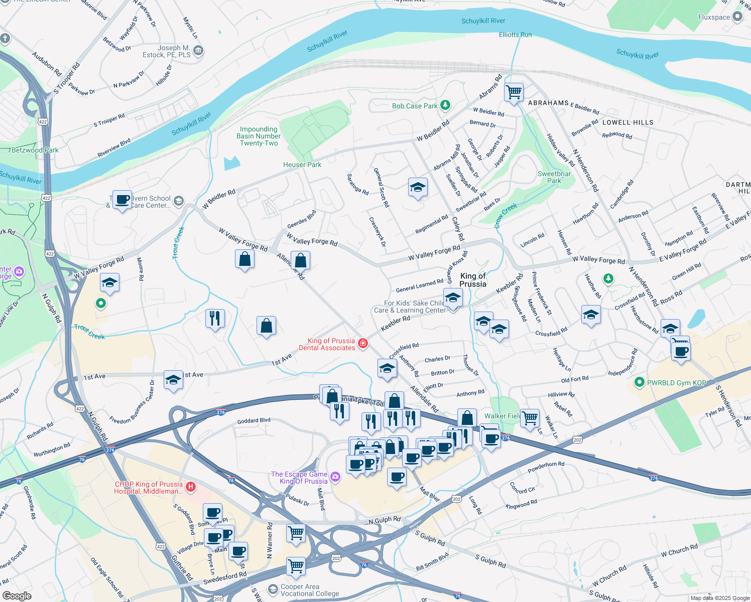 map of restaurants, bars, coffee shops, grocery stores, and more near 611 General Armstrong Road in King of Prussia