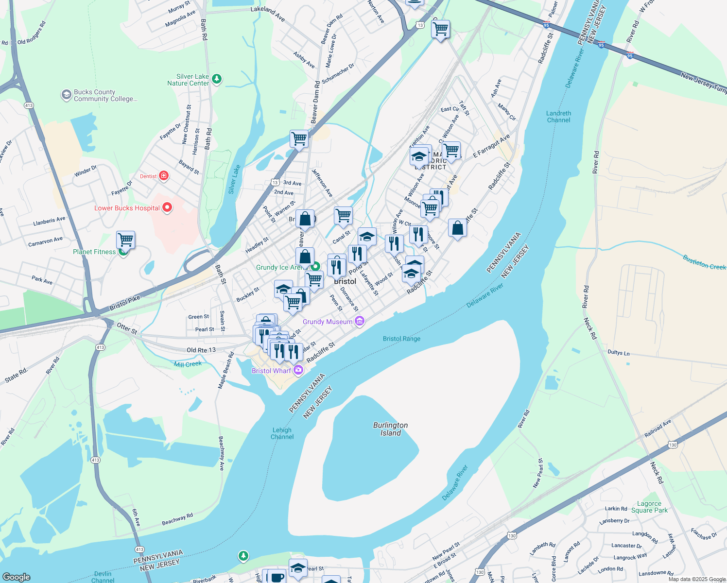 map of restaurants, bars, coffee shops, grocery stores, and more near 301 Washington Street in Bristol