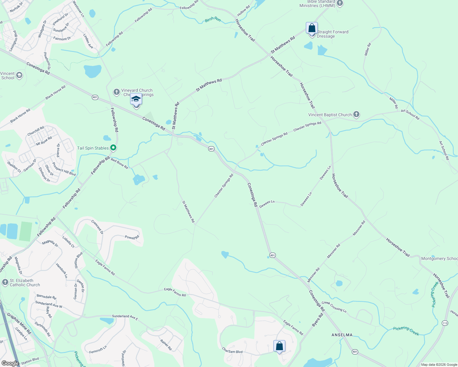 map of restaurants, bars, coffee shops, grocery stores, and more near 2440 Chester Springs Road in Chester Springs