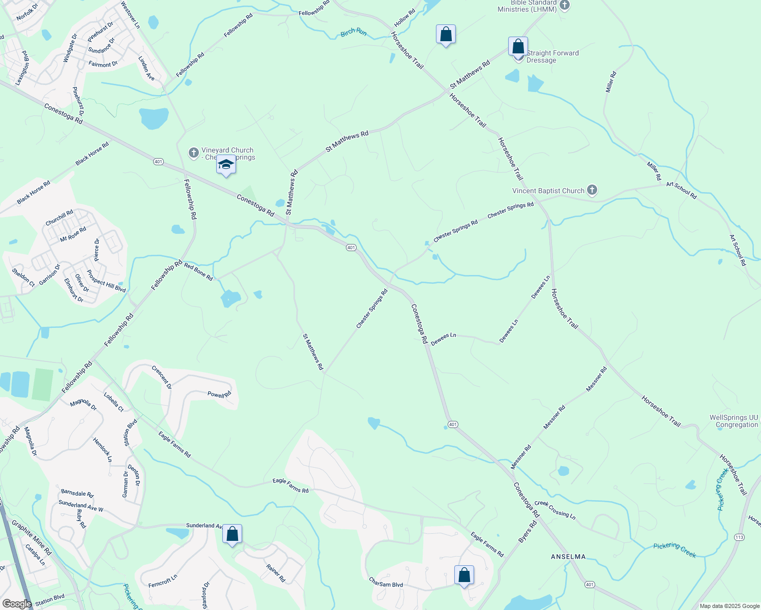 map of restaurants, bars, coffee shops, grocery stores, and more near 2440 Chester Springs Road in Chester Springs