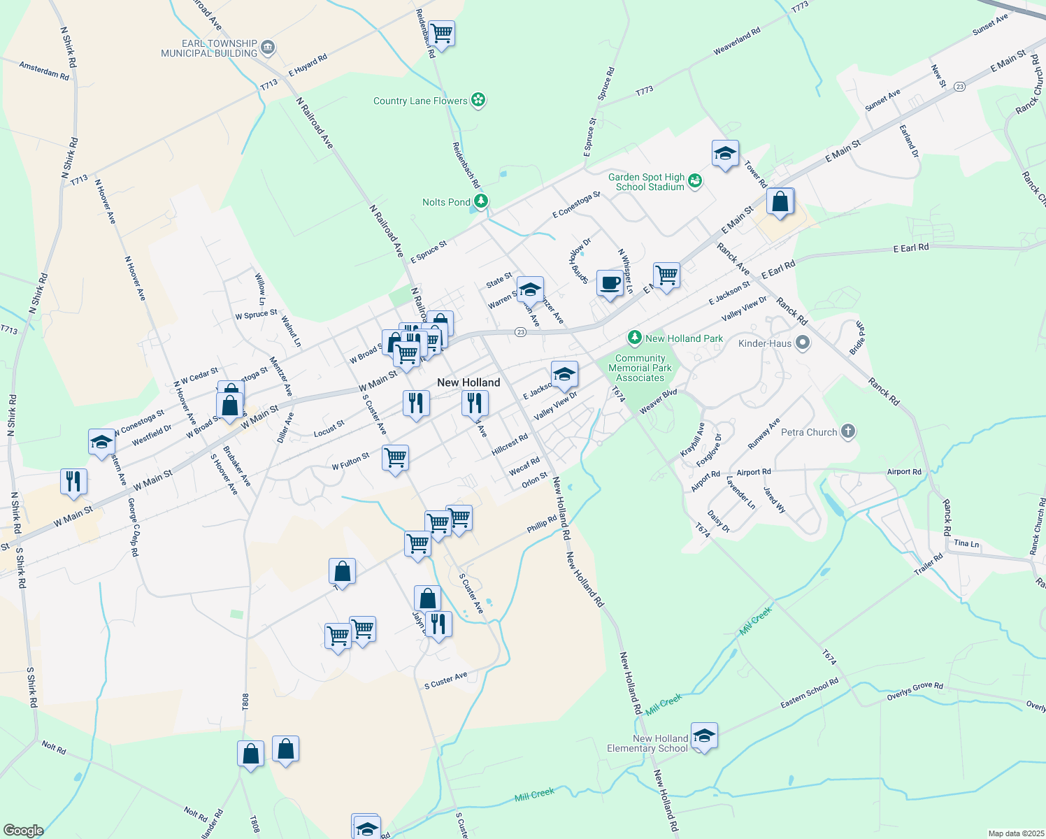 map of restaurants, bars, coffee shops, grocery stores, and more near 322 Brimmer Avenue in New Holland
