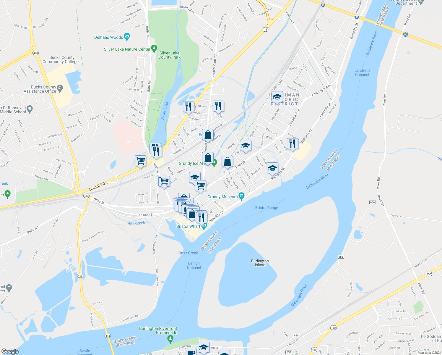 map of restaurants, bars, coffee shops, grocery stores, and more near 493 Pond St in Bristol
