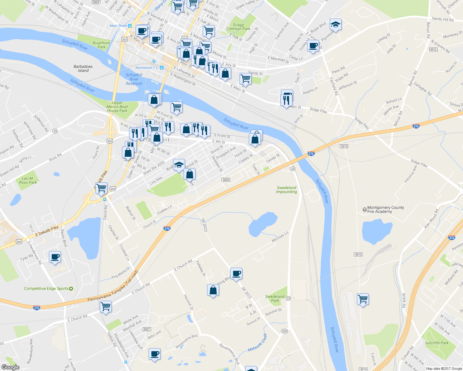 map of restaurants, bars, coffee shops, grocery stores, and more near 691 Pershing Street in Bridgeport