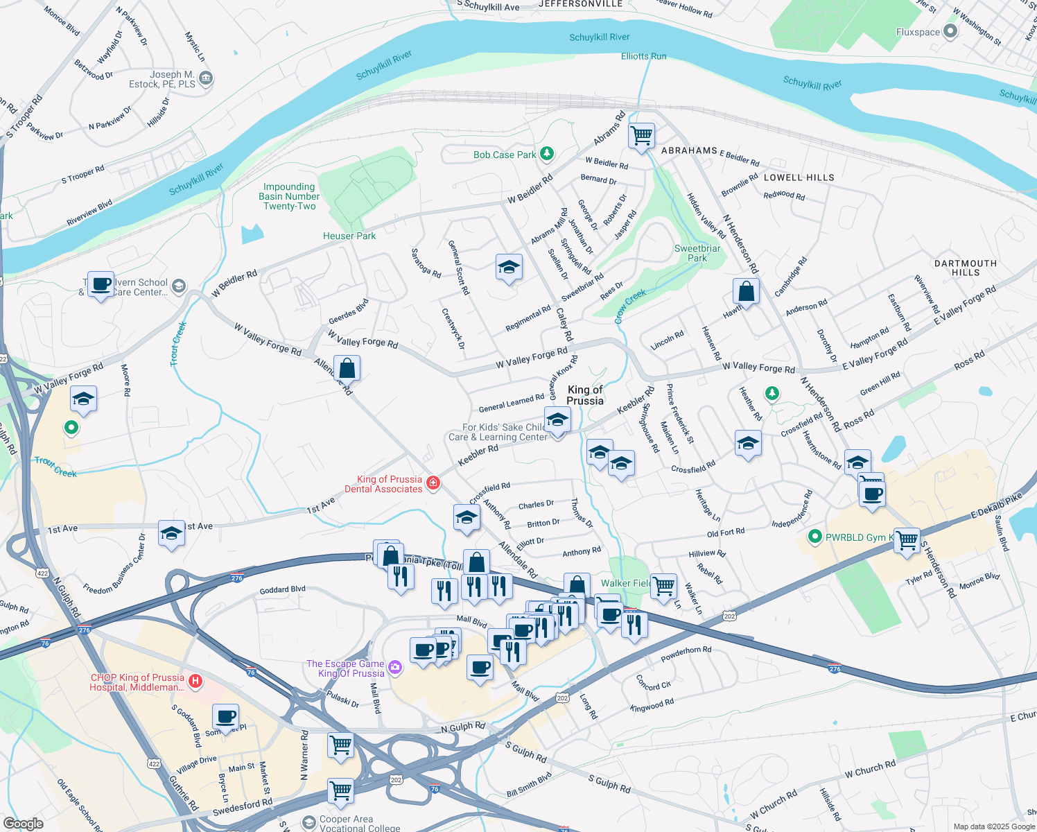 map of restaurants, bars, coffee shops, grocery stores, and more near 539 General Armstrong Road in King of Prussia