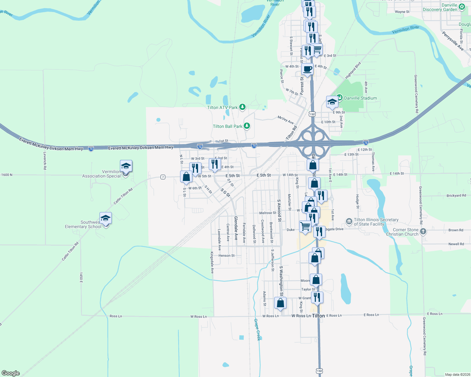 map of restaurants, bars, coffee shops, grocery stores, and more near 398 S F St in Tilton