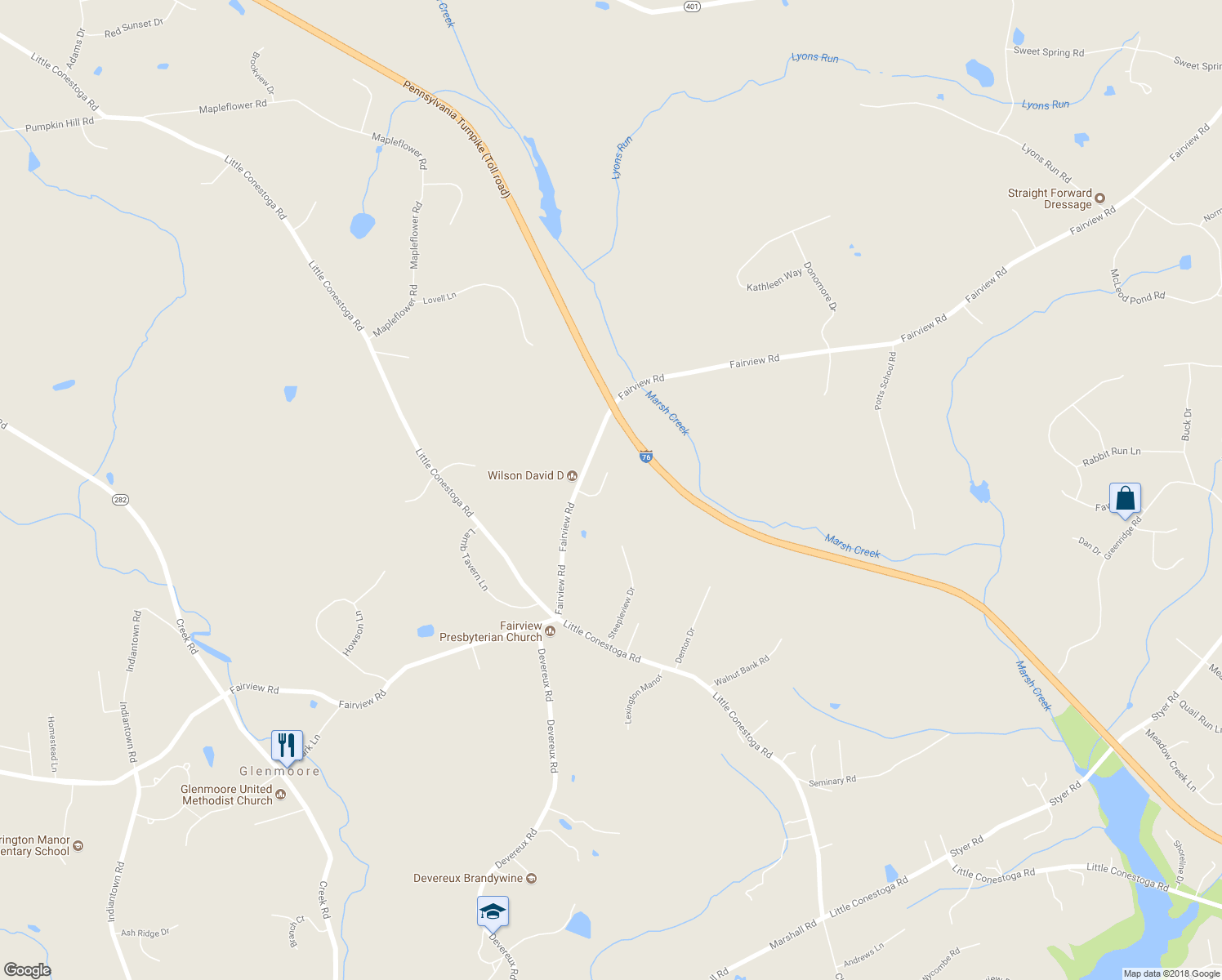map of restaurants, bars, coffee shops, grocery stores, and more near 4 Peters Lane in Glenmoore
