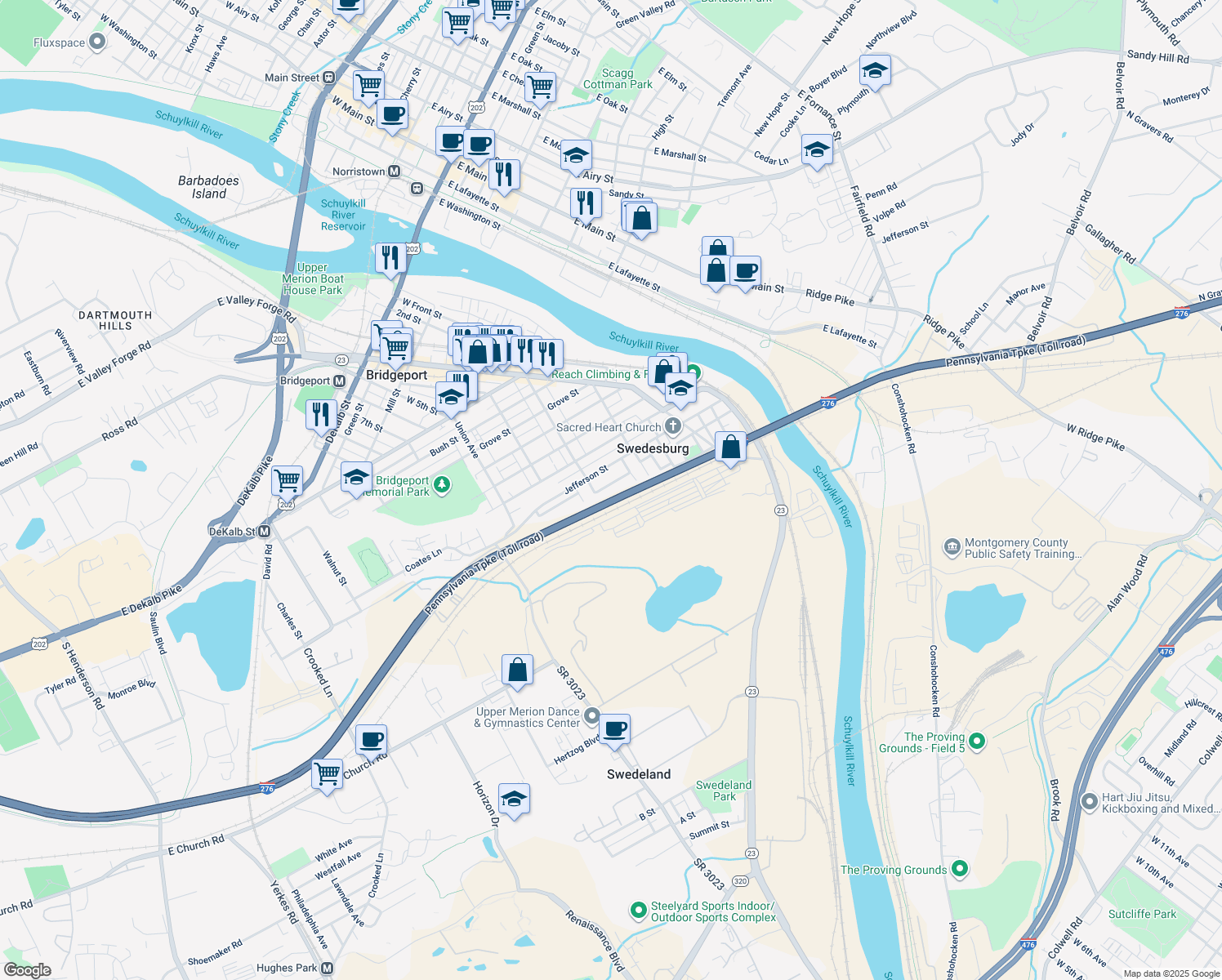 map of restaurants, bars, coffee shops, grocery stores, and more near 707 Pershing Street in Bridgeport