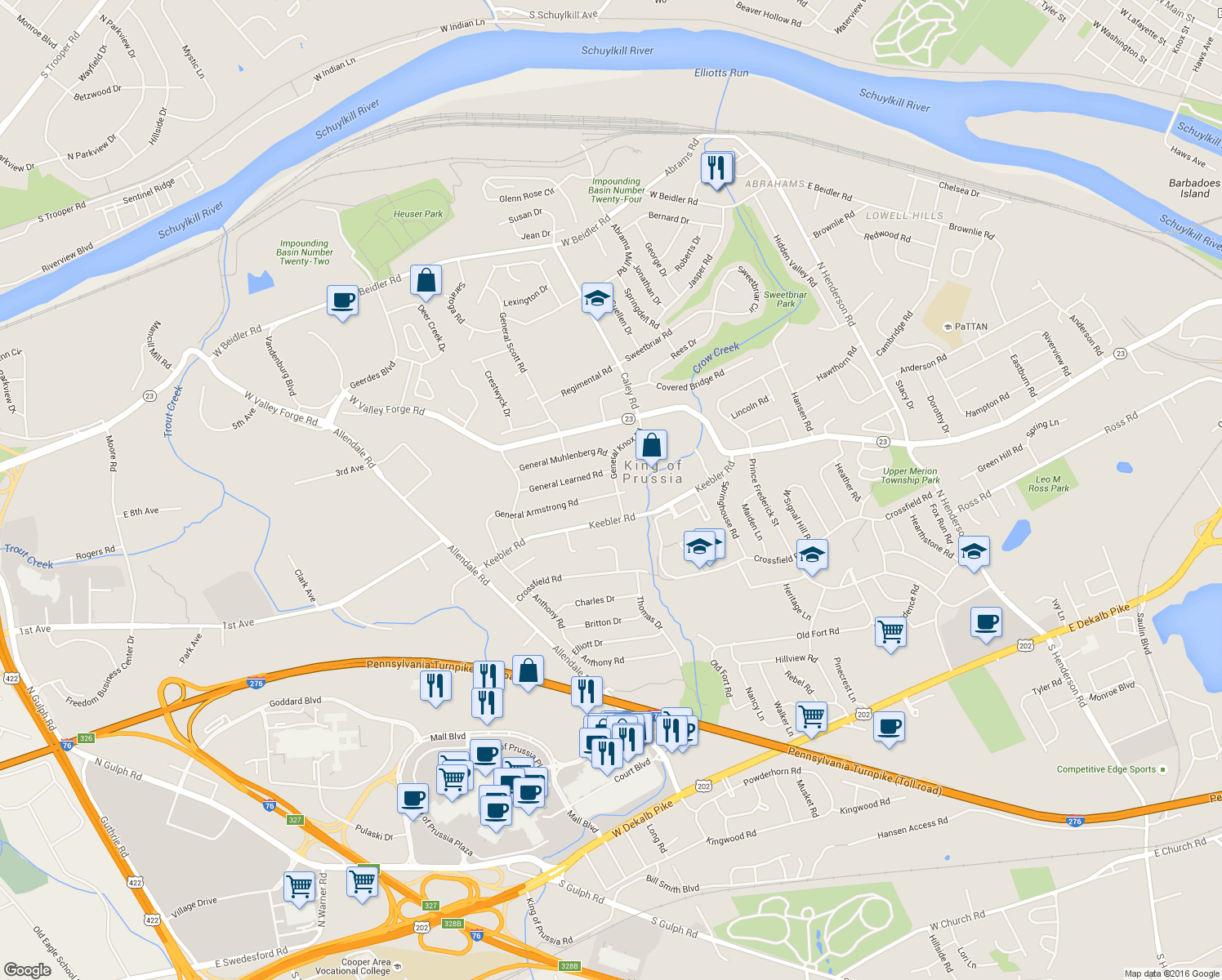 map of restaurants, bars, coffee shops, grocery stores, and more near 497 General Armstrong Road in King of Prussia