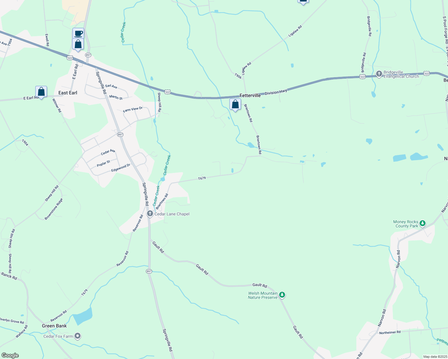 map of restaurants, bars, coffee shops, grocery stores, and more near 1422 Briertown Road in East Earl