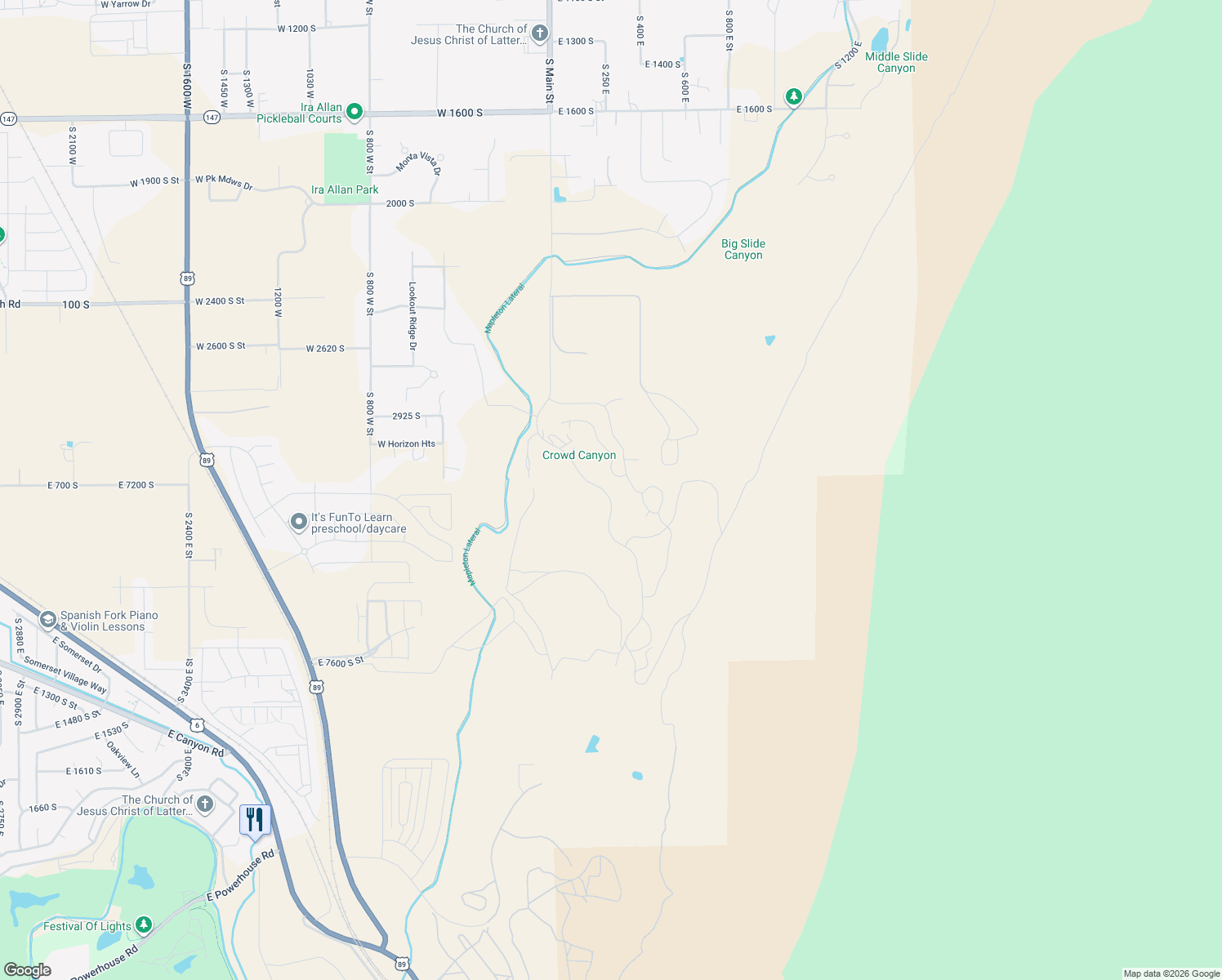 map of restaurants, bars, coffee shops, grocery stores, and more near 3351 South Mapleton Estates Drive in Mapleton